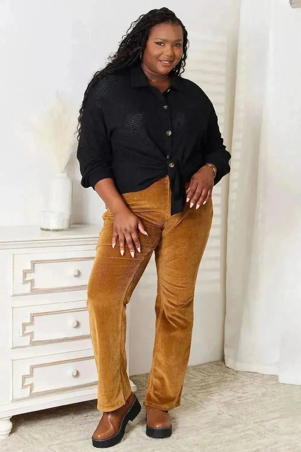 Double Take Waffle-Knit Collared Neck Dropped Shoulder Shirt - Bad Moms Club