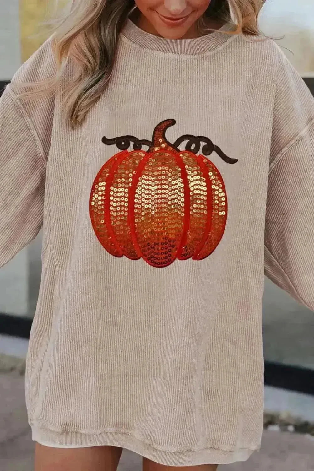 Sequin Pumpkin Round Neck Long Sleeve Sweatshirt - Bad Moms Club