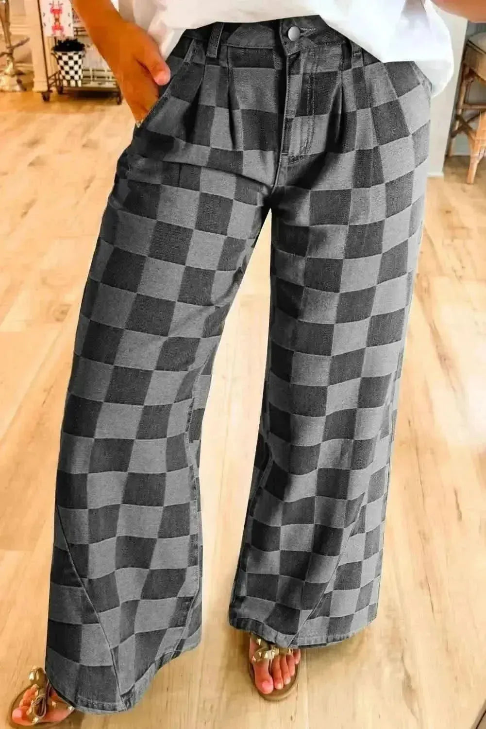 Checkered Wide Leg Jeans with Pockets - Bad Moms Club