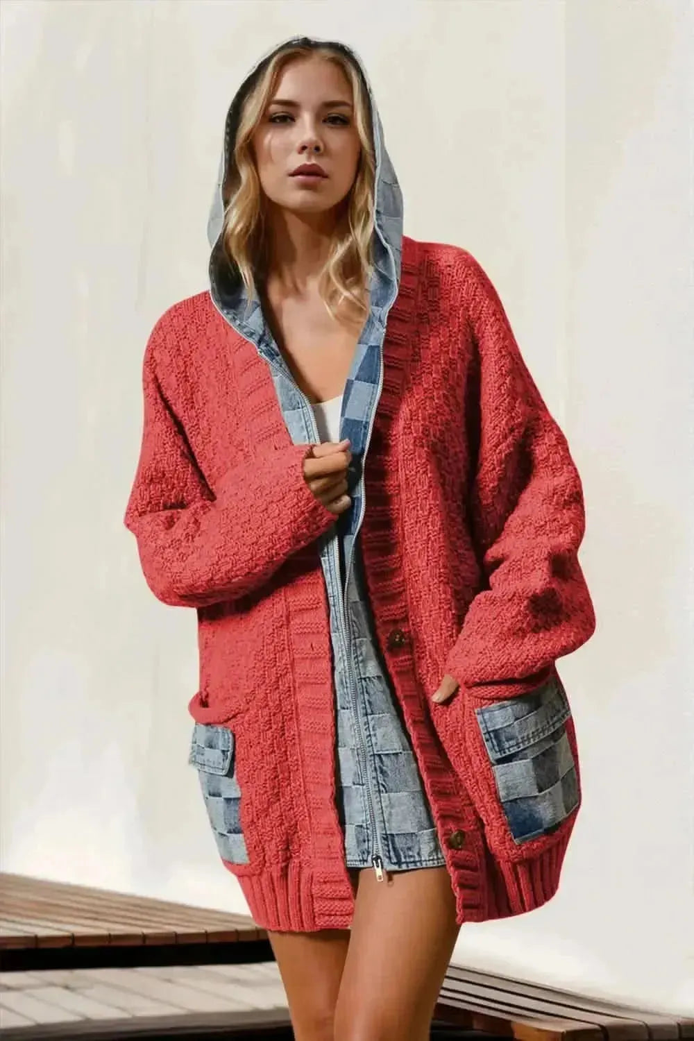 Double Take Full Size Hooded Denim Spliced Sweater Cardigan - Bad Moms Club