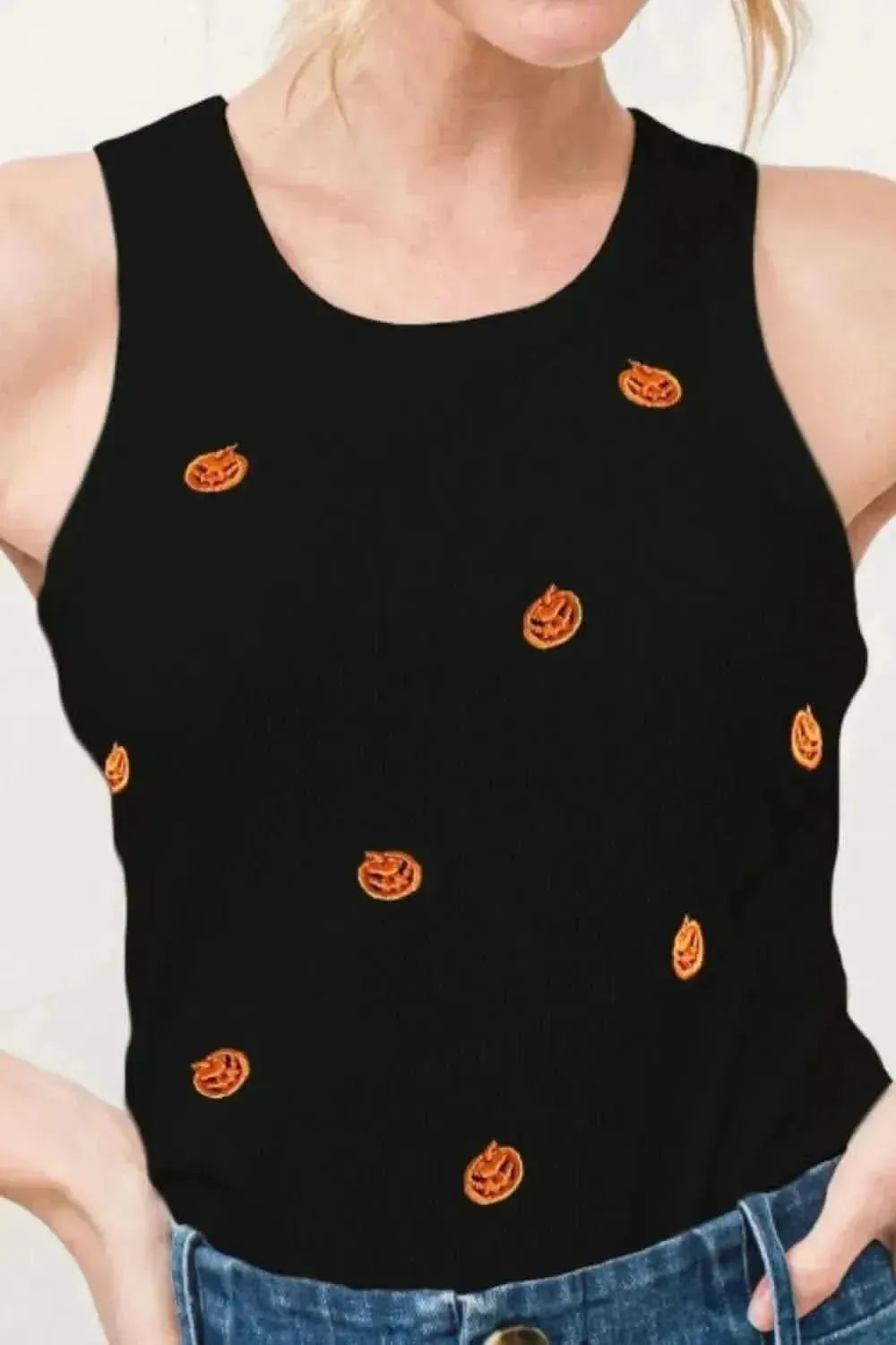 And The Why Jack O' Lantern Embroidered Ribbed Tank - Bad Moms Club