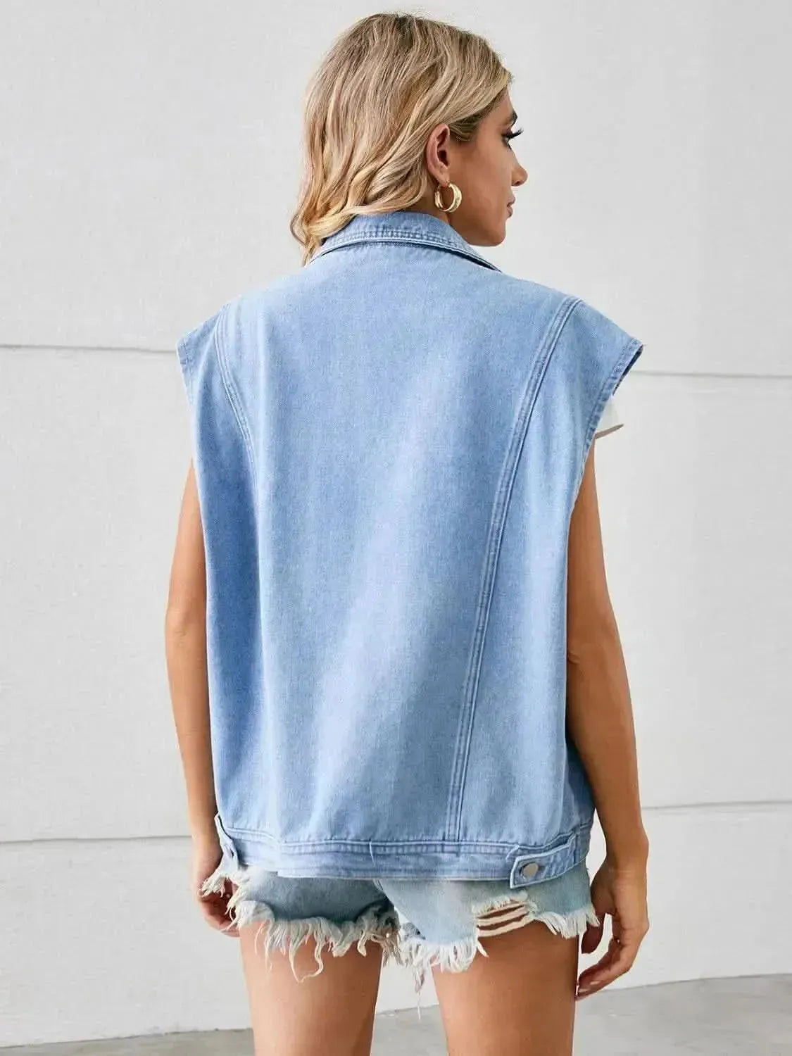 Pocketed Button Up Sleeveless Denim Jacket - Bad Moms Club