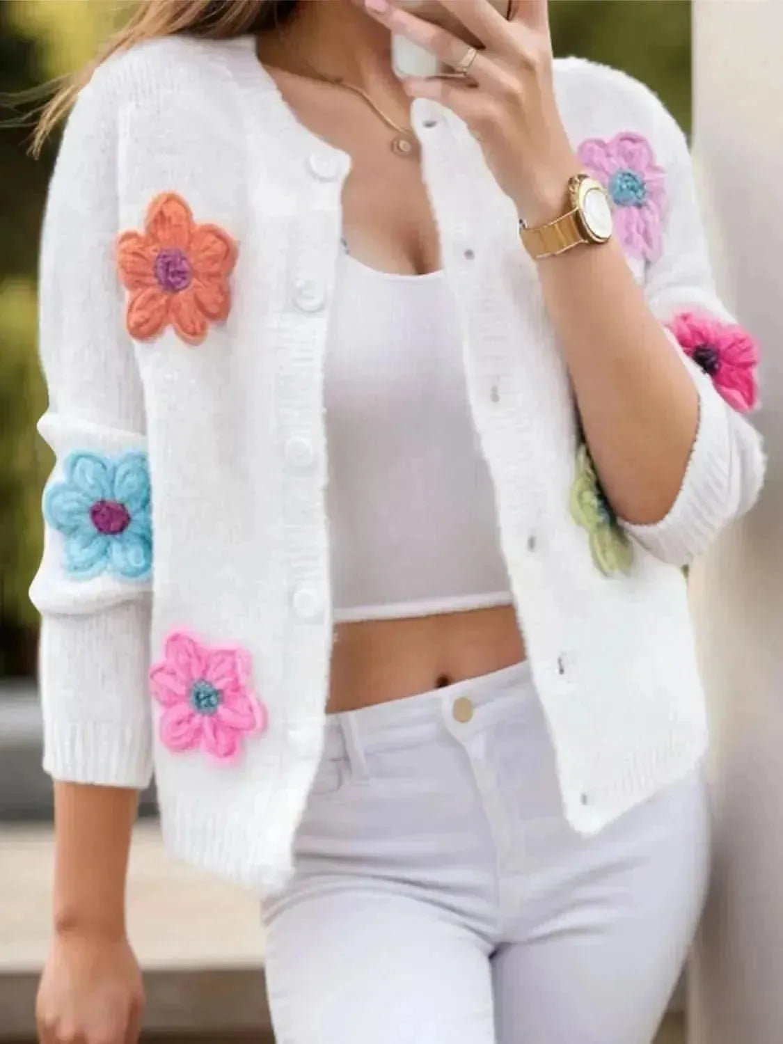 Flower Dropped Shoulder Long Sleeve Cardigan - Bad Moms Club