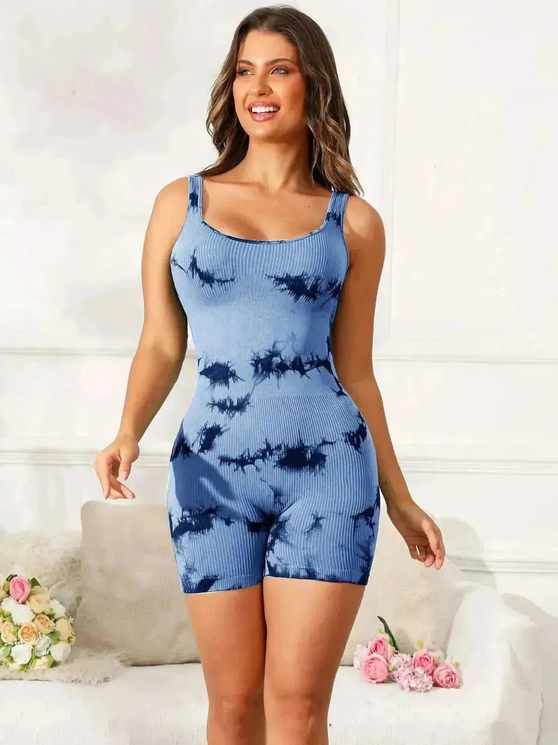 Tie-Dye Wide Strap Active Romper - Bad Moms Club