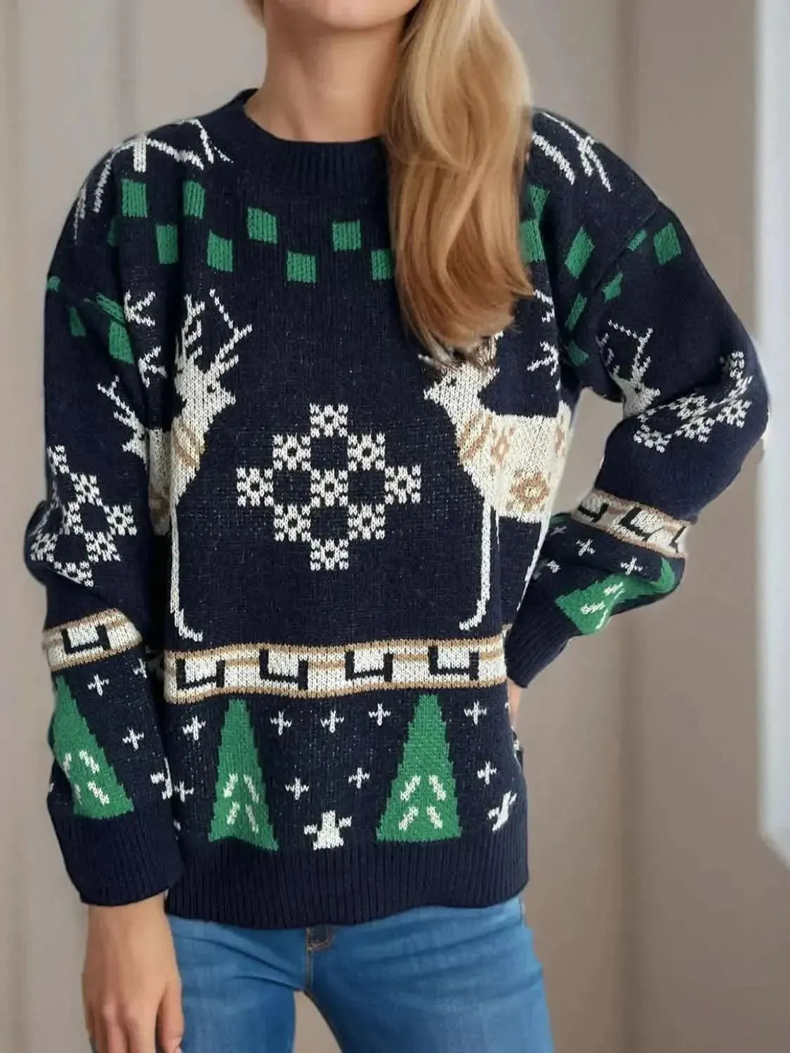 Christmas Element Round Neck Long Sleeve Sweater - Bad Moms Club