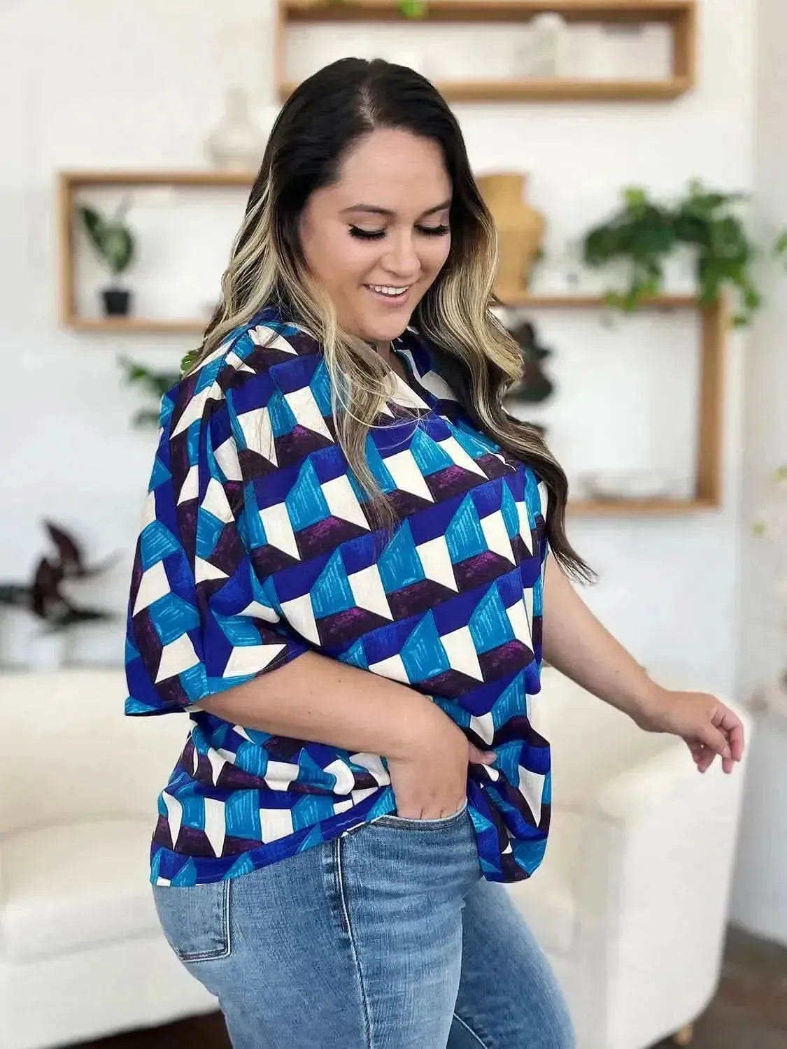 Double Take Full Size Geometric Notched Half Sleeve Blouse - Bad Moms Club