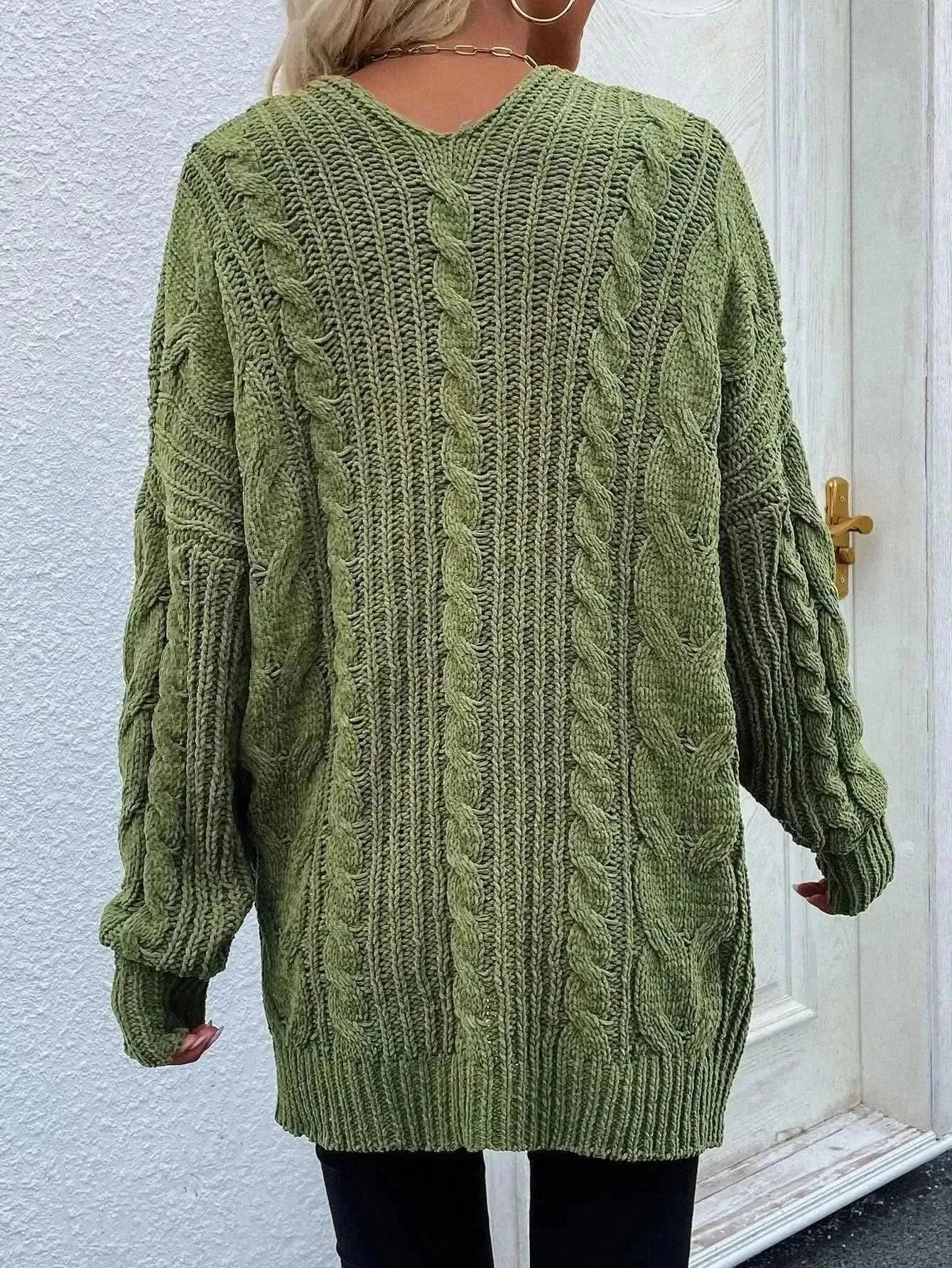 Woven Right Cable-Knit Open Front Cardigan with Front Pockets - Bad Moms Club