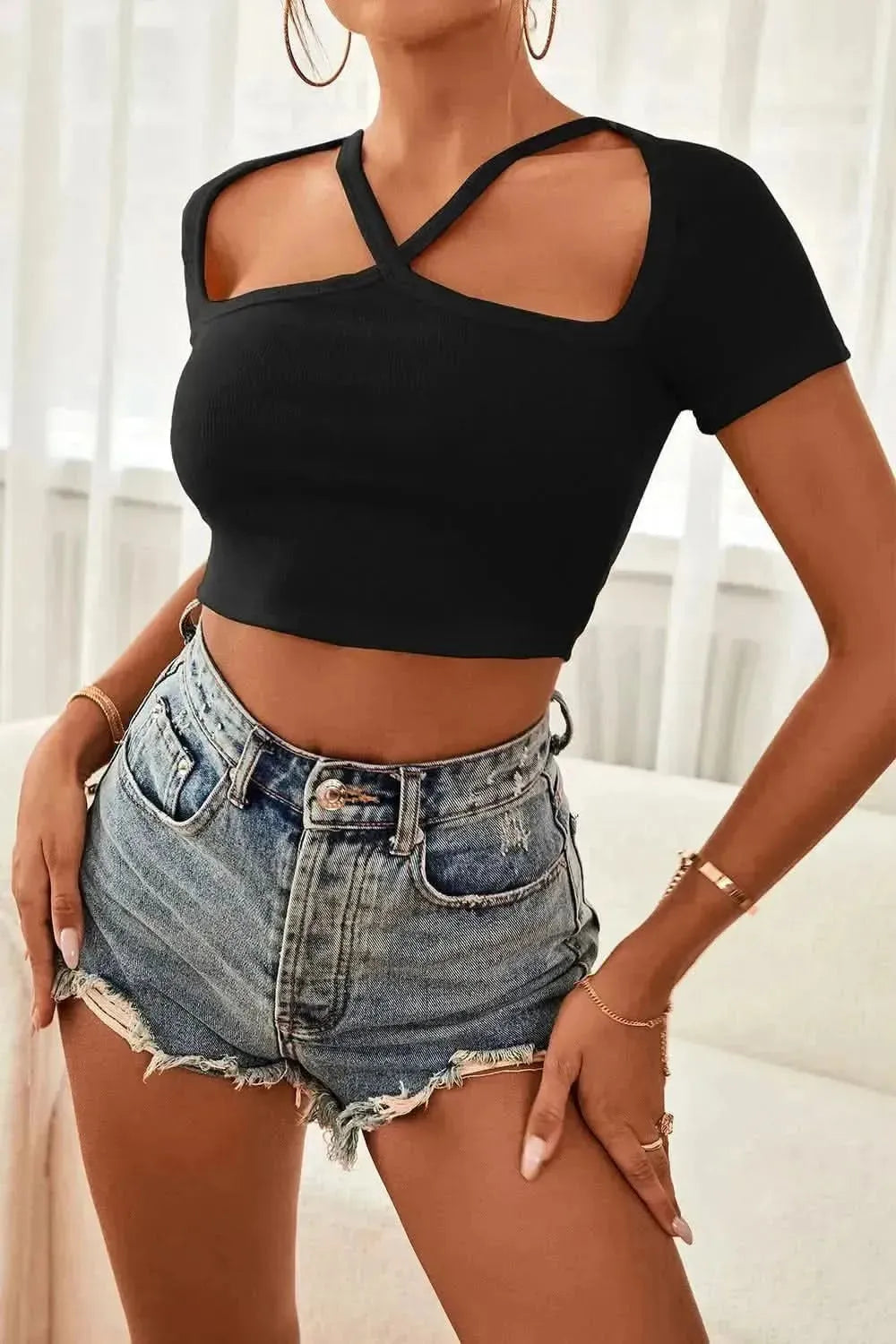 Cutout Short Sleeve Cropped Top - Bad Moms Club