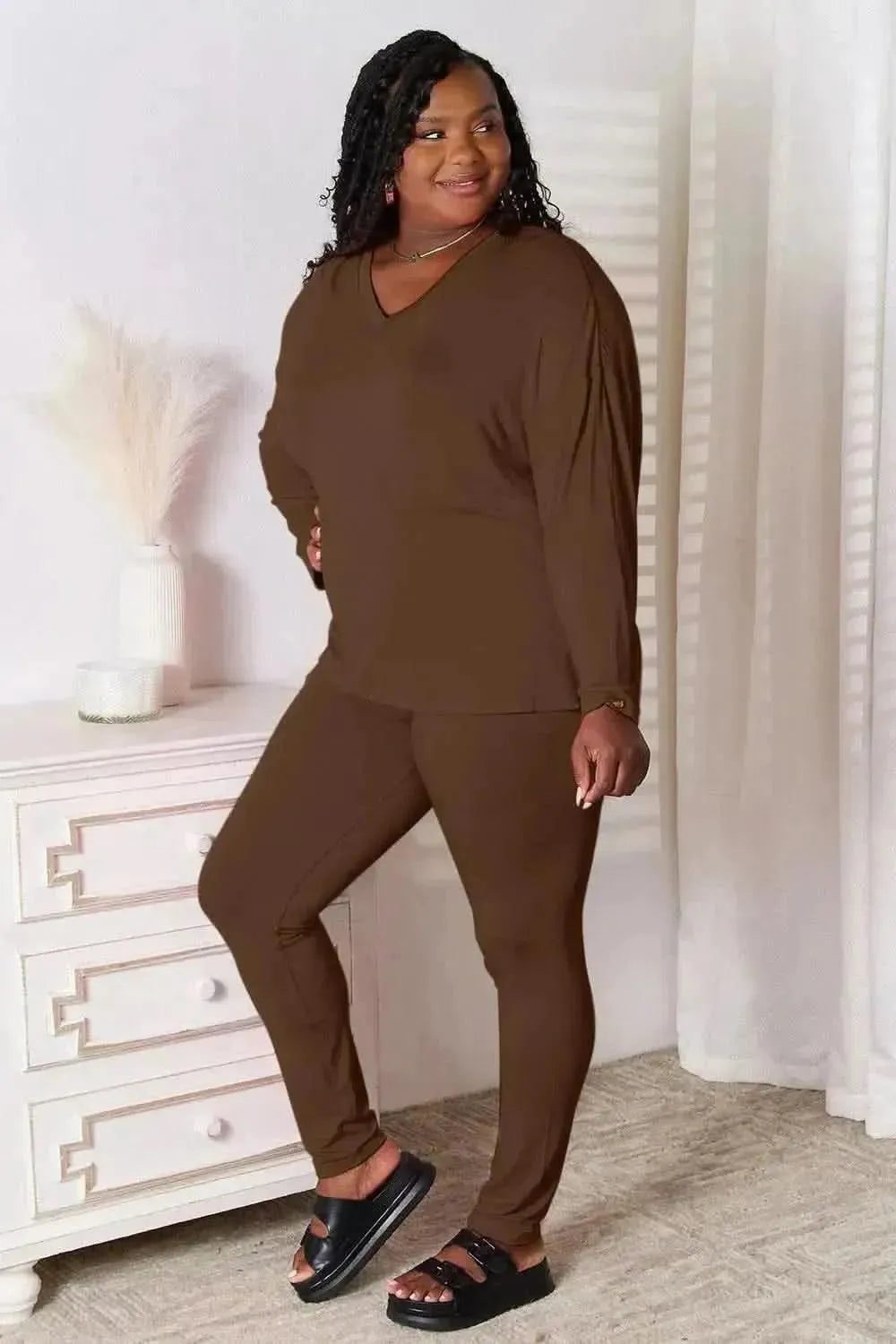 Basic Bae Full Size V-Neck Soft Rayon Long Sleeve Top and Pants Lounge Set - Bad Moms Club