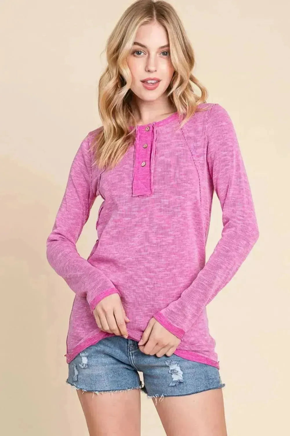Reborn J Contrast Trim Half Button Long Sleeve T-Shirt - Bad Moms Club