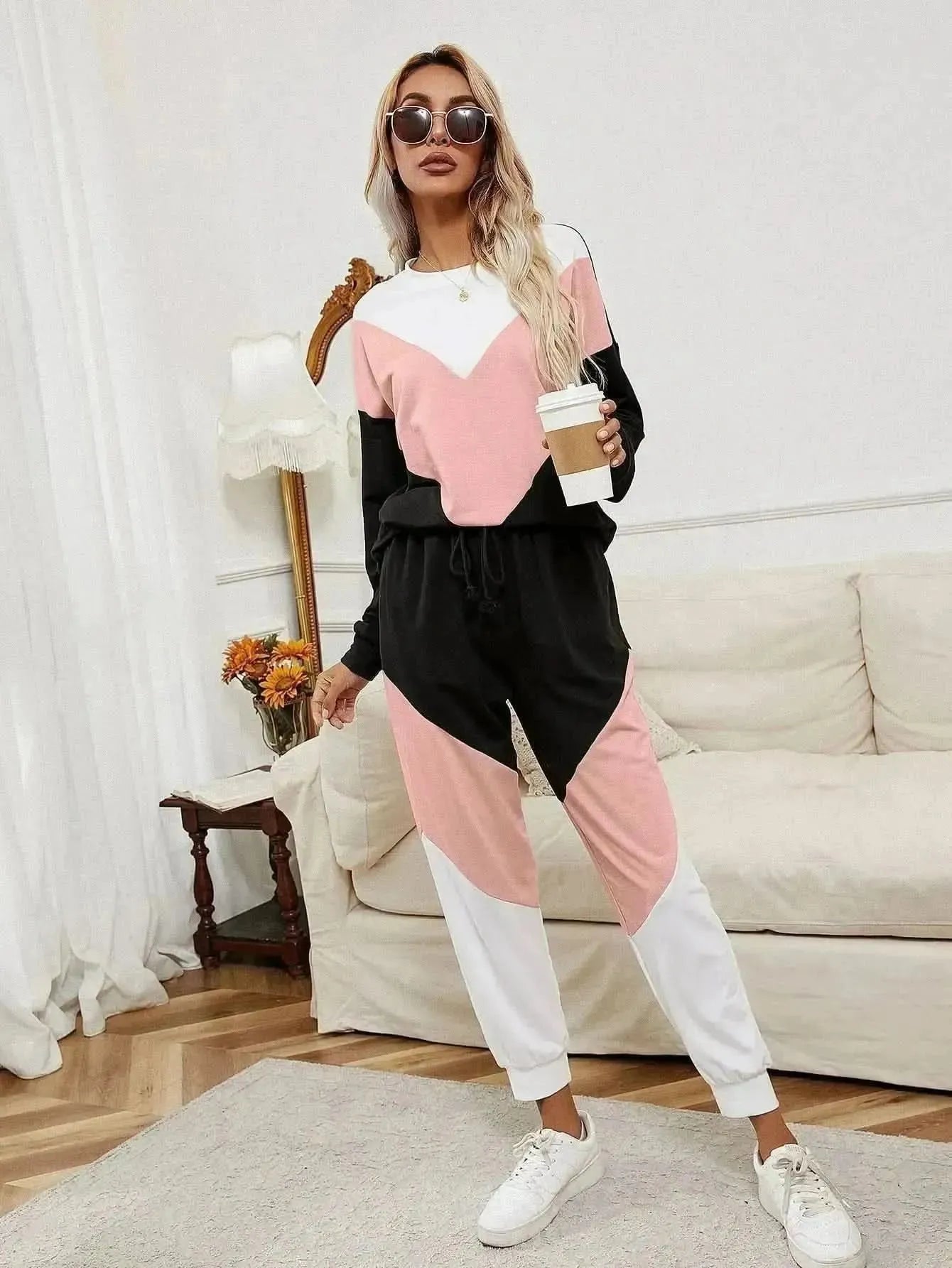 Ivy Lane Chevron Color Block Sweatshirt and Joggers Set - Bad Moms Club