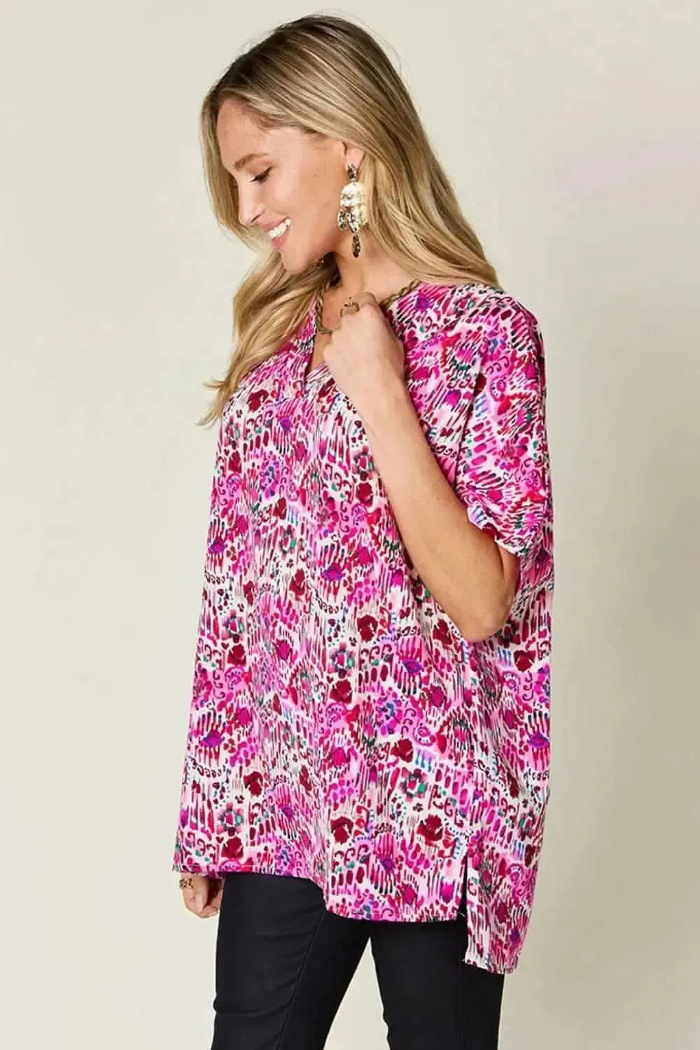 Double Take Full Size Printed V-Neck Short Sleeve Blouse - Bad Moms Club
