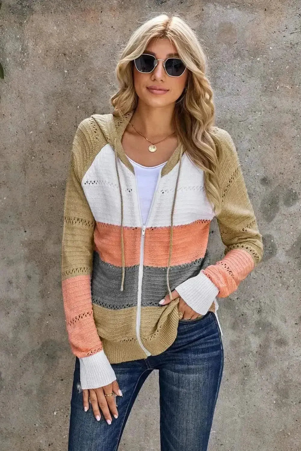 Zip-Up Raglan Sleeve Openwork Hooded Cardigan - Bad Moms Club