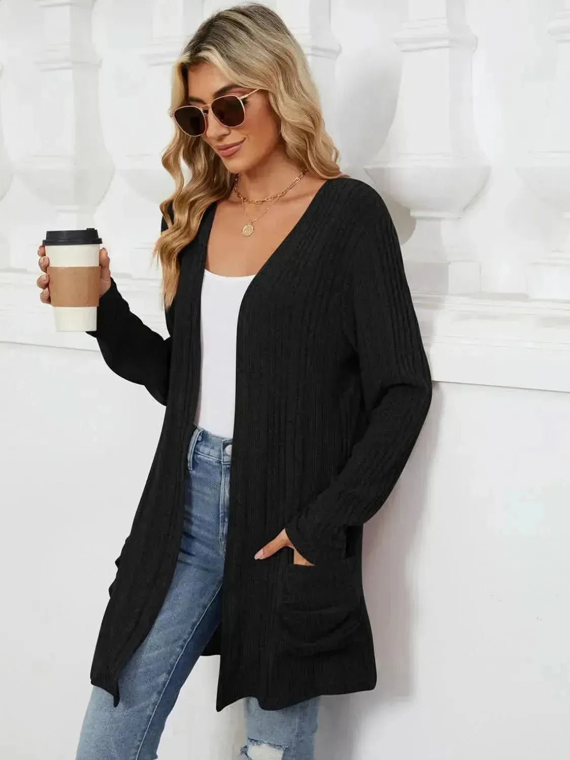 Pocketed Open Front Long Sleeve Cardigan - Bad Moms Club