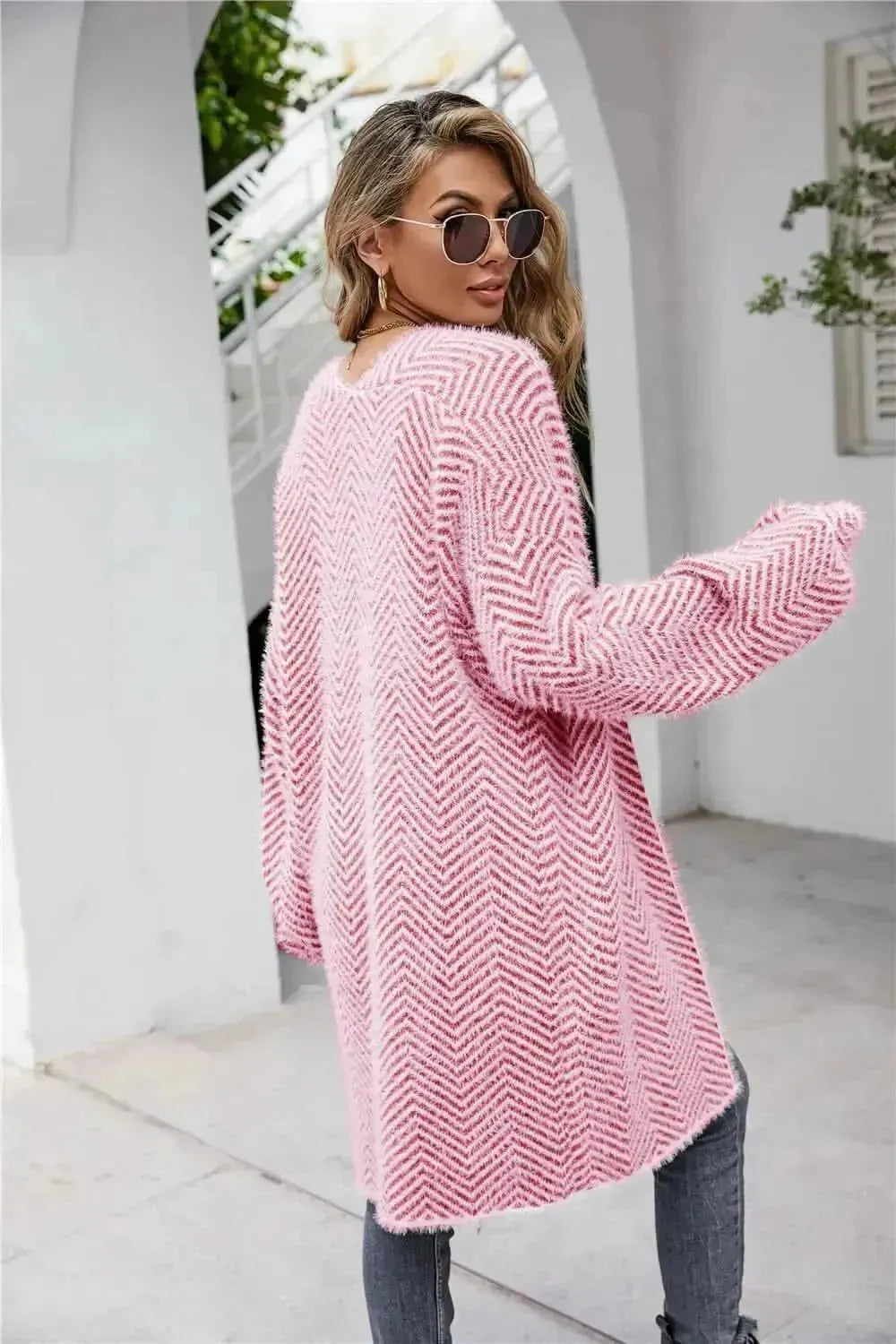 Herringbone Pattern Open Front Longline Fuzzy Cardigan - Bad Moms Club