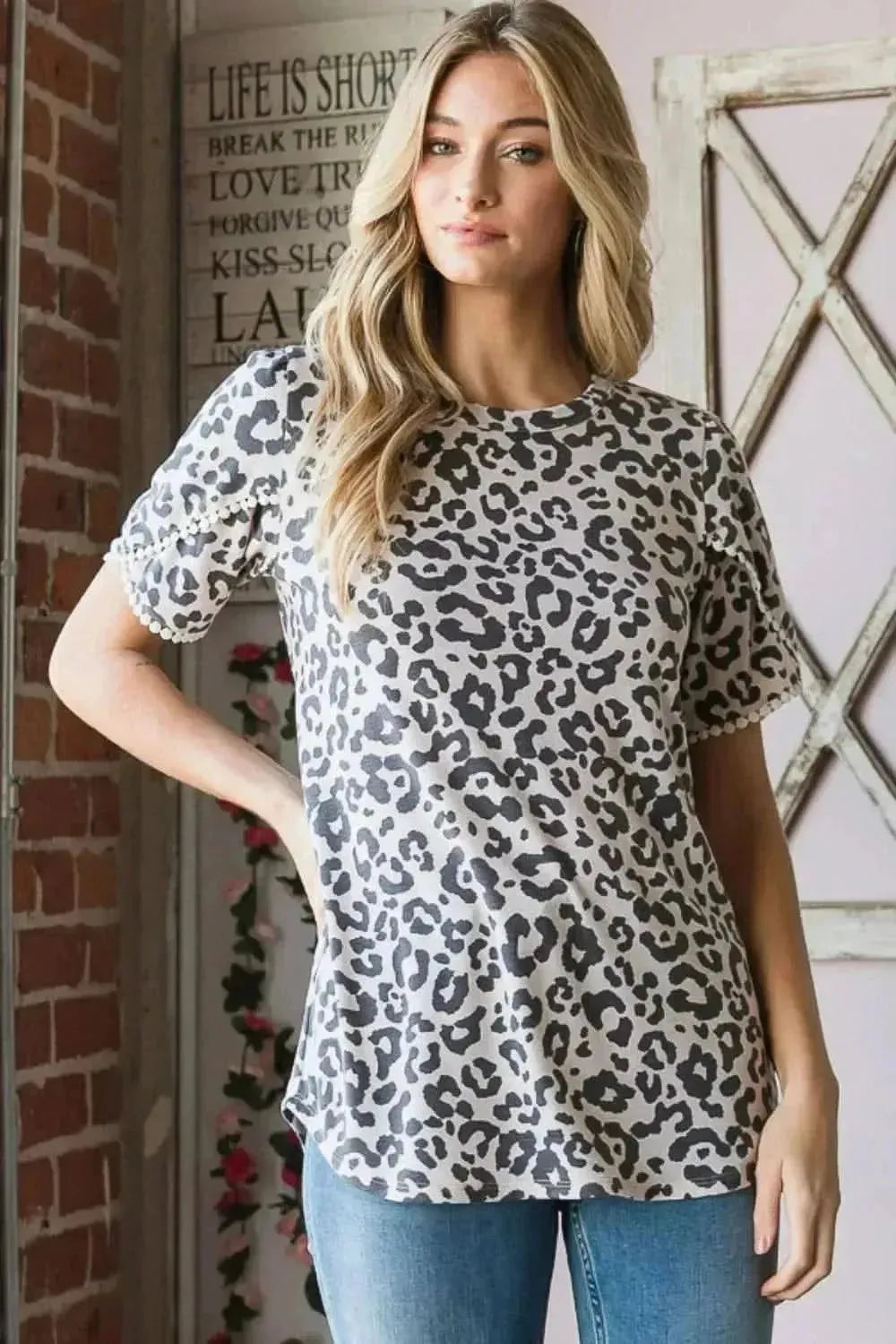 Heimish Leopard Round Neck Petal Sleeve T-Shirt - Bad Moms Club