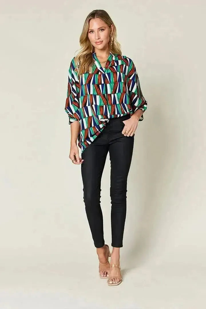 Double Take Full Size Geometric Notched Dolman Sleeve Top - Bad Moms Club