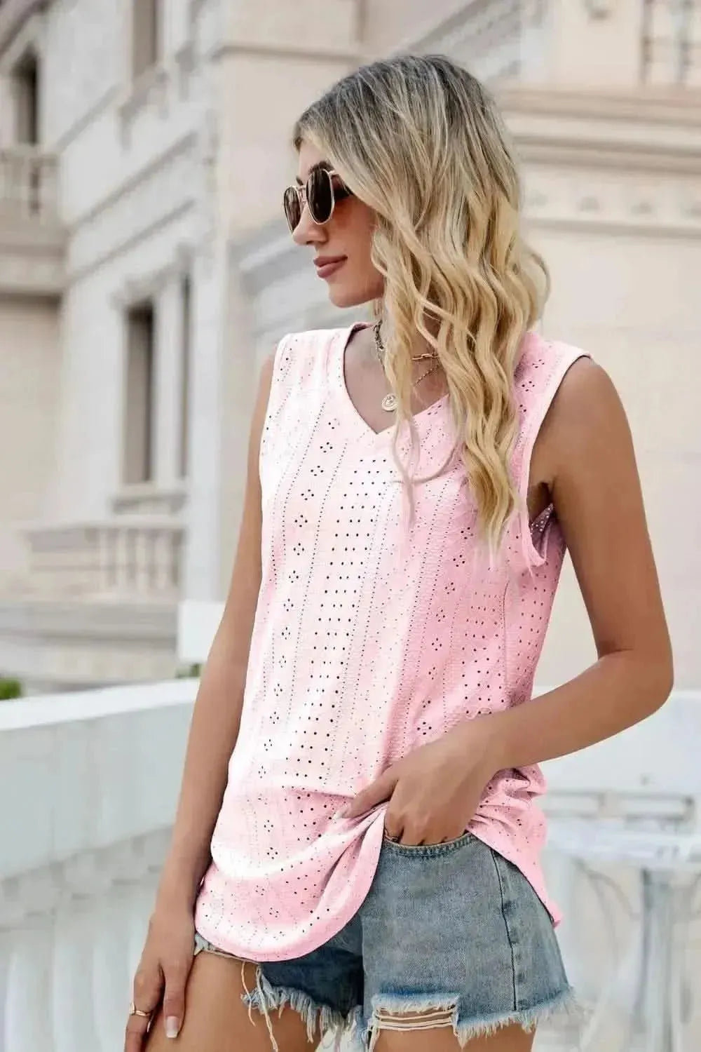 Eyelet V-Neck Tank - Bad Moms Club