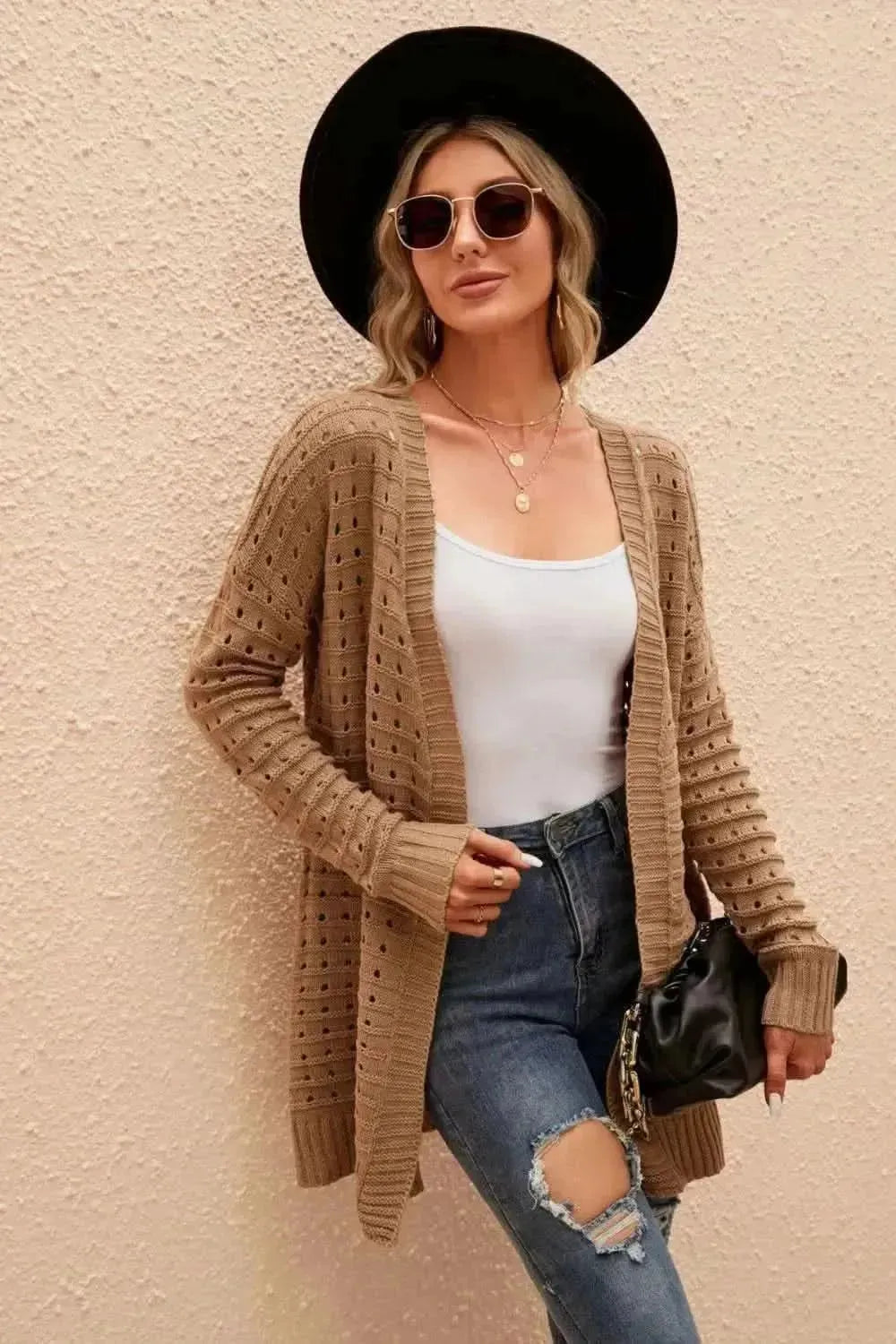 Openwork Horizontal Ribbing Open Front Cardigan - Bad Moms Club