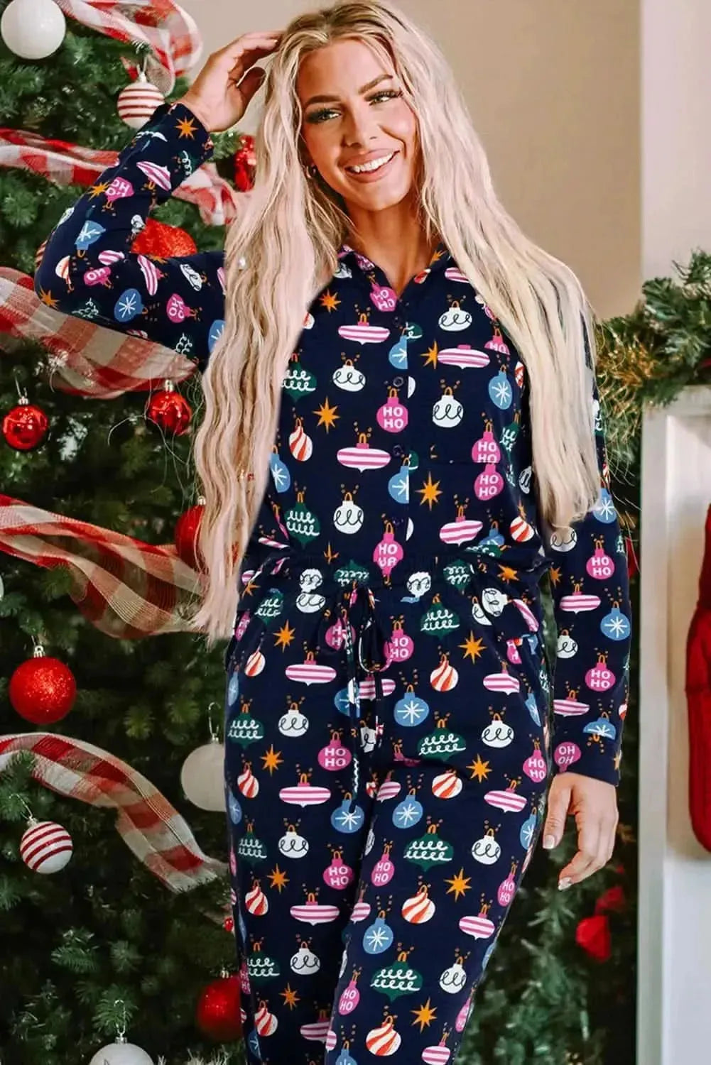 Christmas Lights Print Collared Neck Top and Pants Set - Bad Moms Club