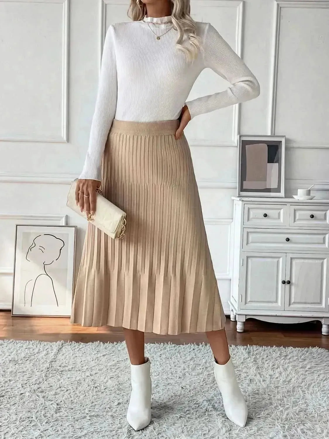 Perfee Pleated Midi Sweater Skirt - Bad Moms Club