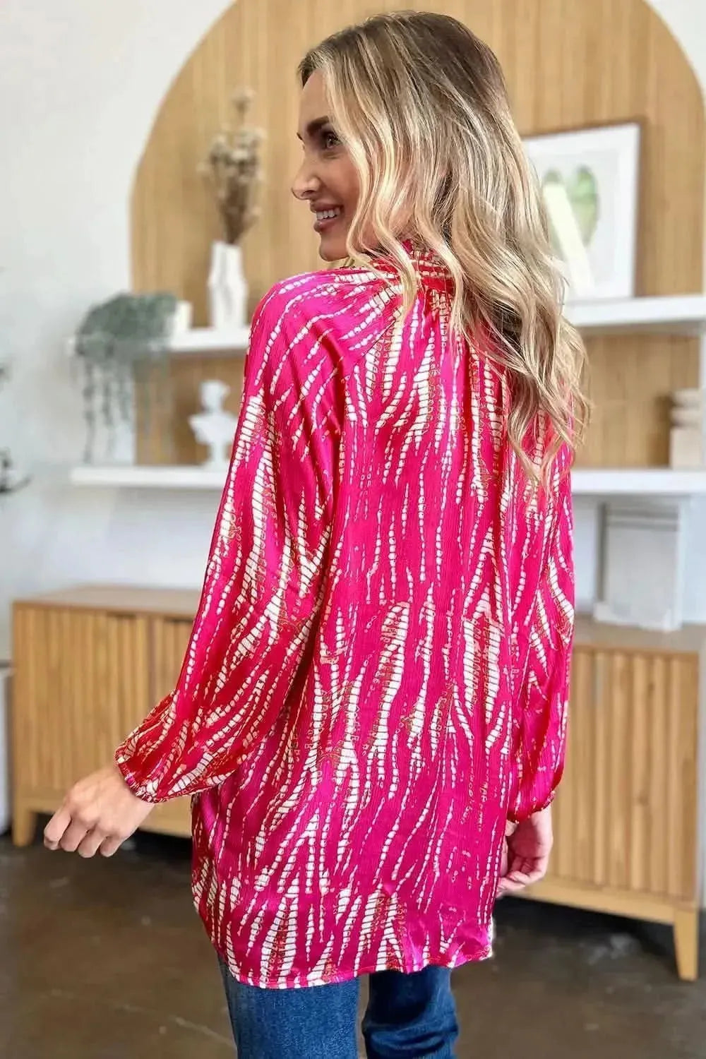 Double Take Full Size Printed Button Up Long Sleeve Shirt - Bad Moms Club