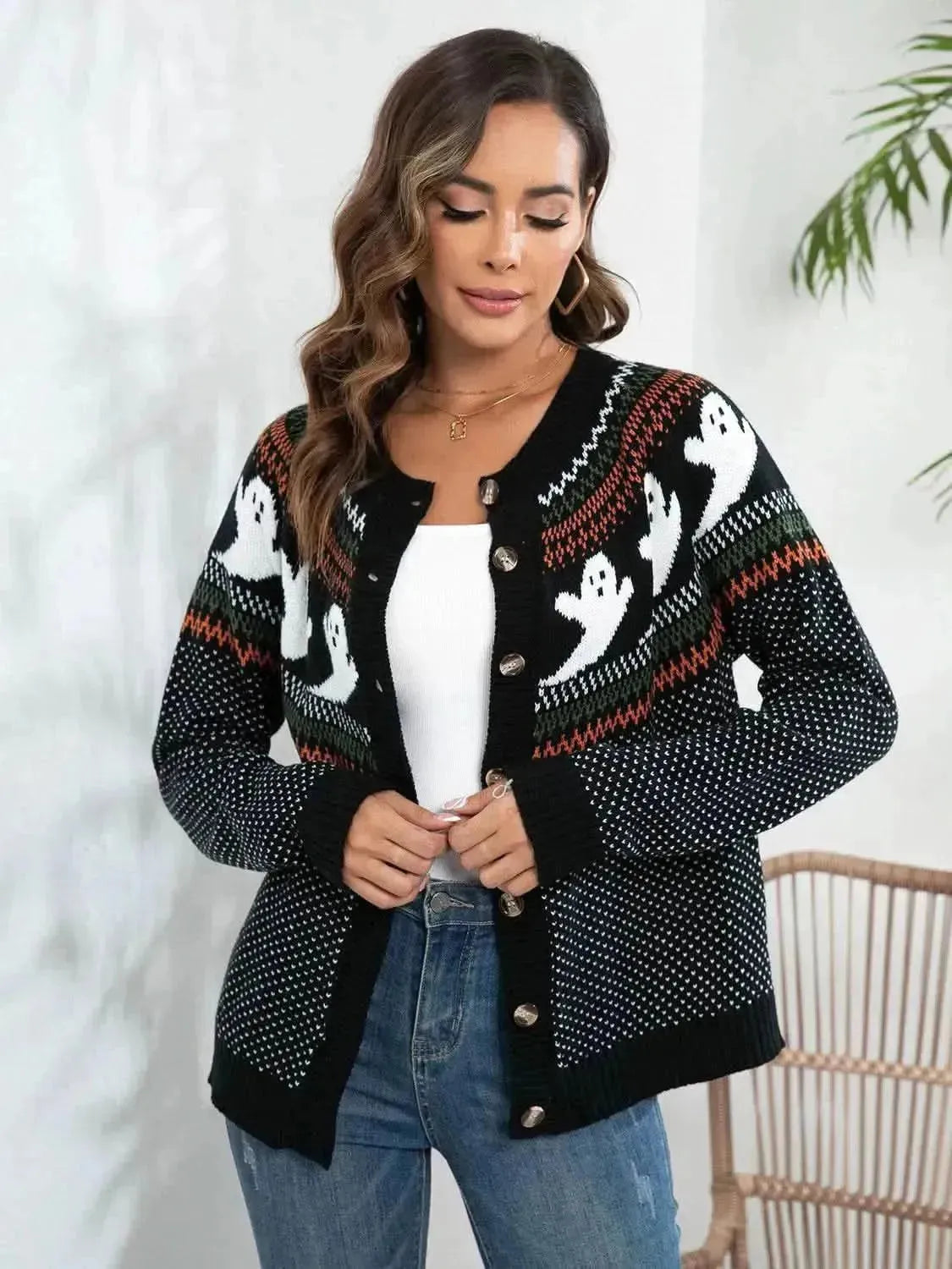 Ghost Button Up Long Sleeve Cardigan - Bad Moms Club