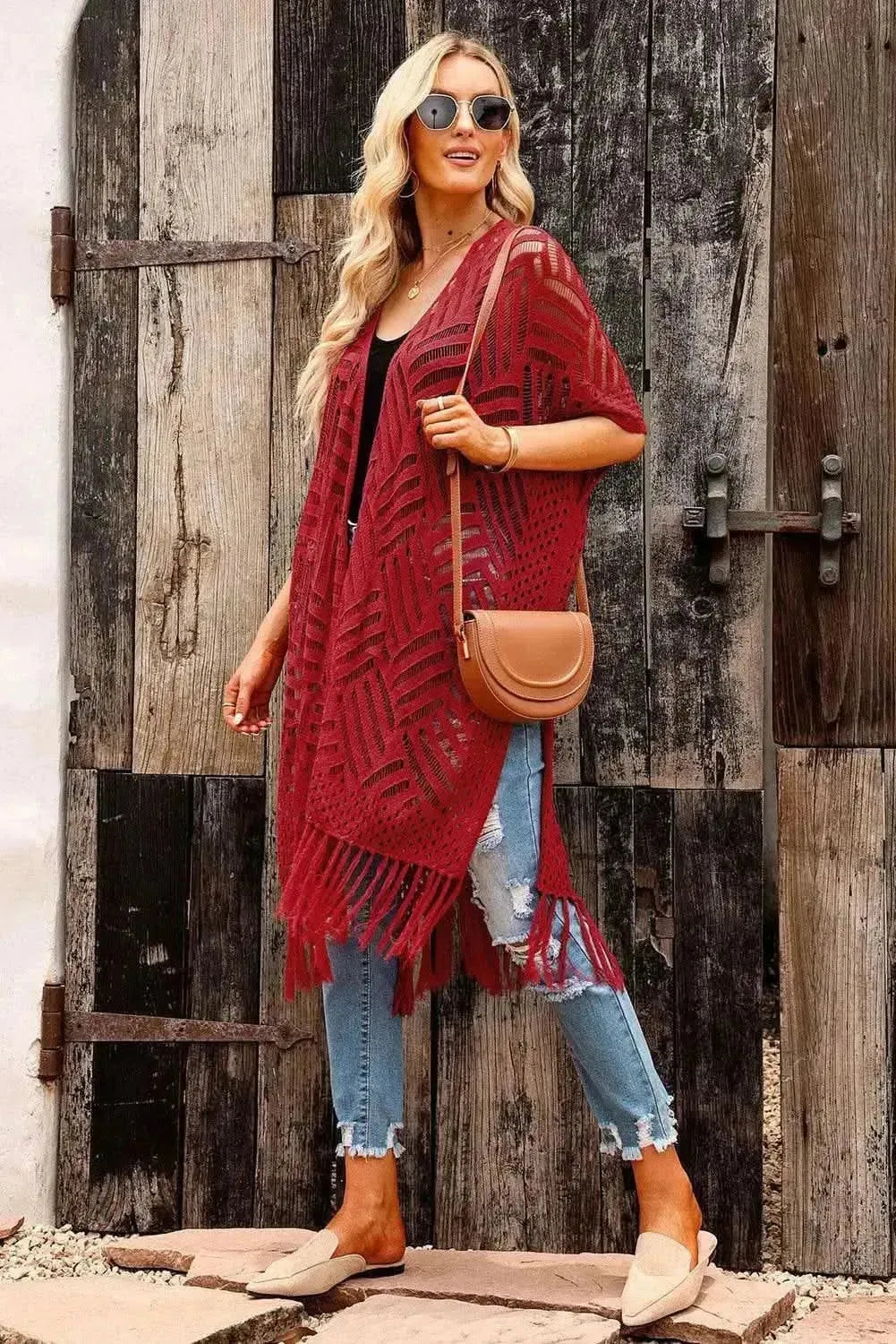 Openwork Open Front Cardigan with Fringes - Bad Moms Club
