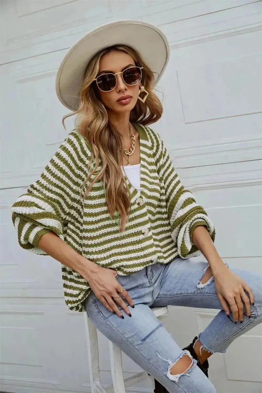 Striped Button Up Long Sleeve Cardigan - Bad Moms Club