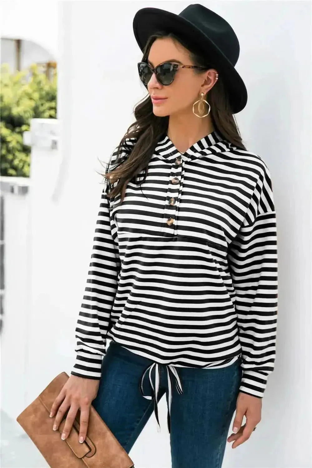 Striped Half-Button Dropped Shoulder Hoodie - Bad Moms Club