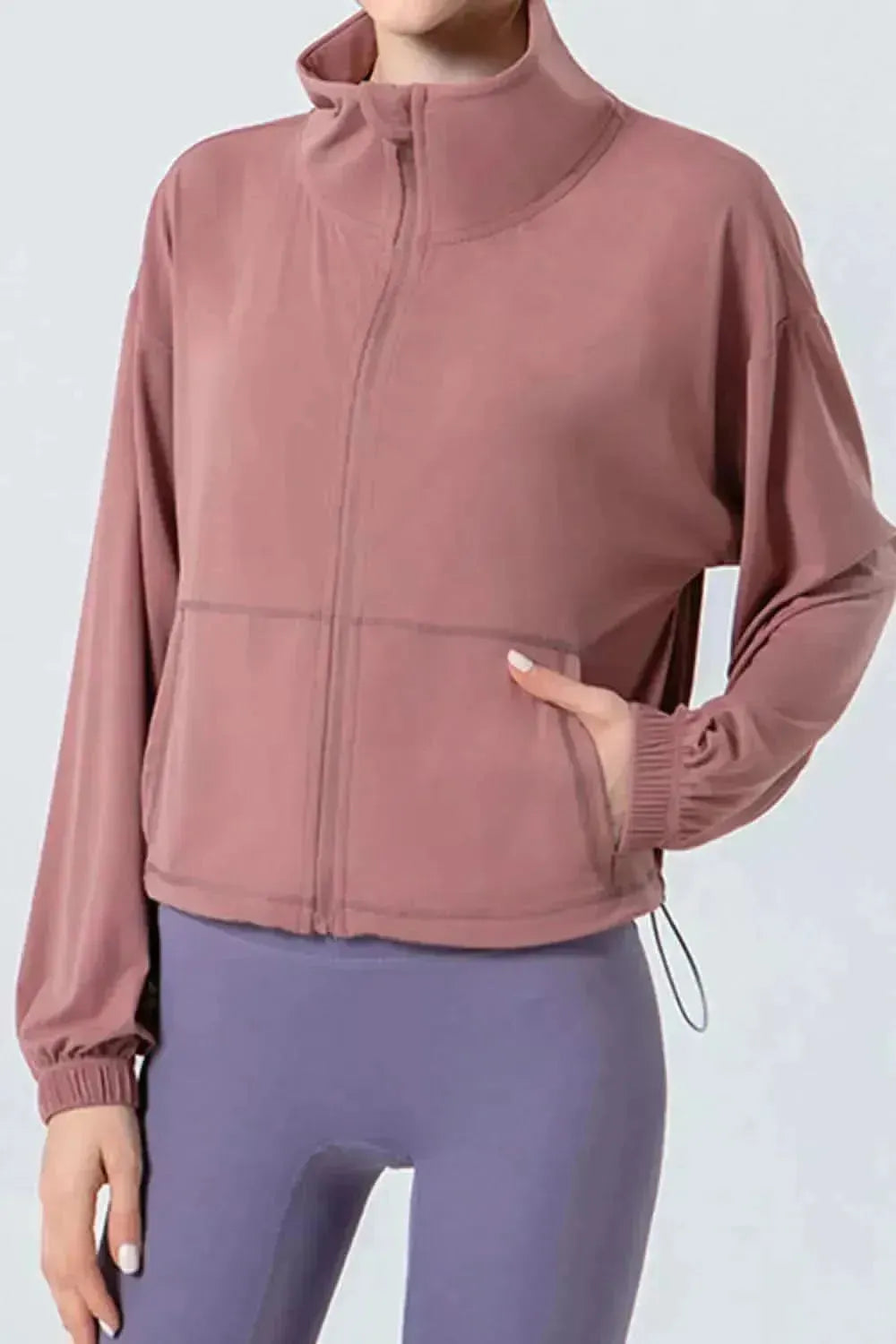 Drawstring Zip Up Dropped Shoulder Active Outerwear - Bad Moms Club