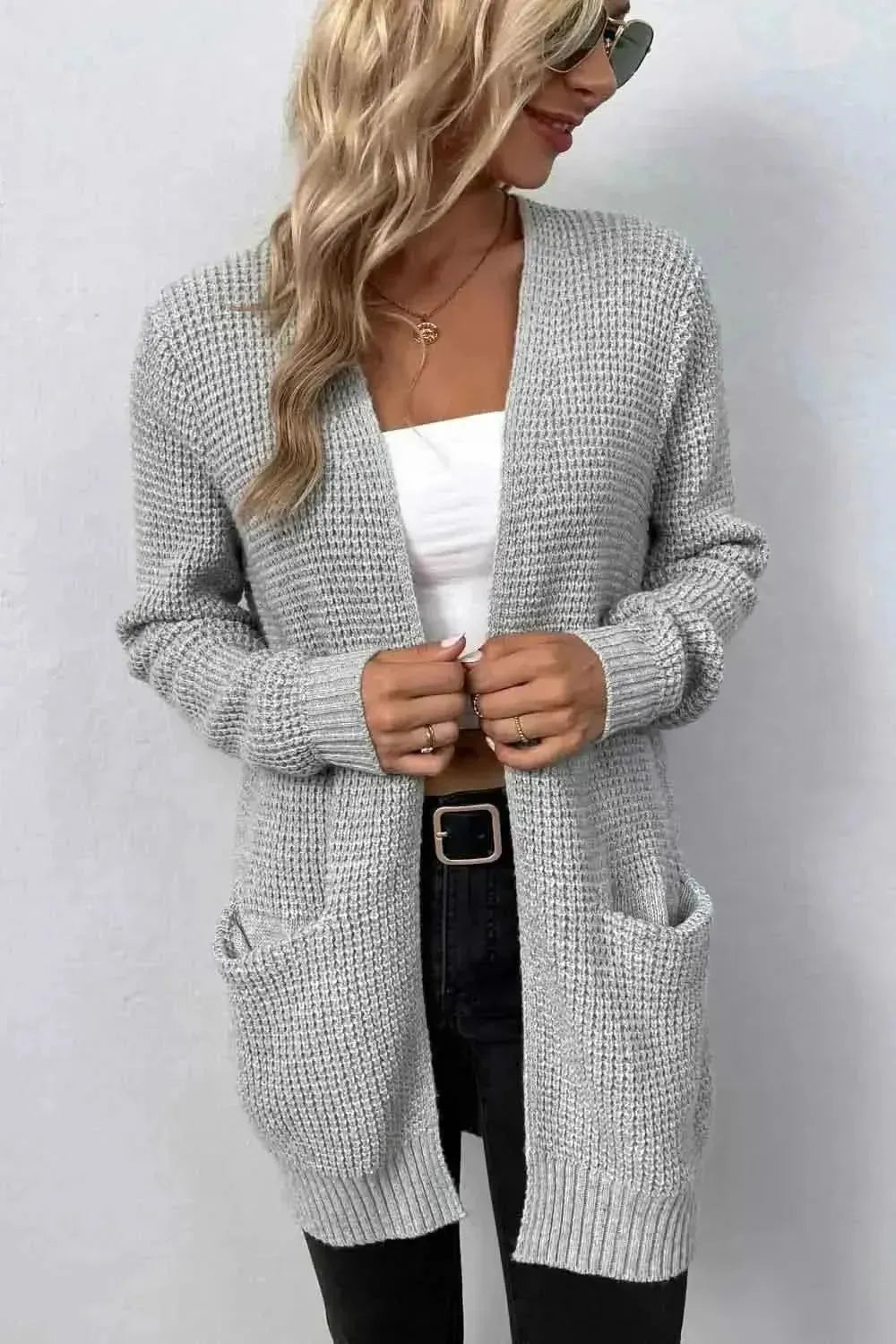 Rib-Knit Open Front Pocketed Cardigan - Bad Moms Club