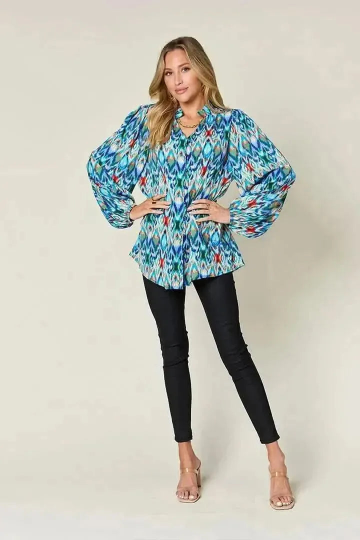 Double Take Full Size Printed Balloon Sleeve Blouse - Bad Moms Club