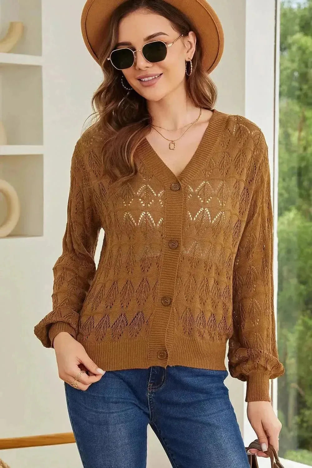 Openwork V-Neck Cardigan - Bad Moms Club