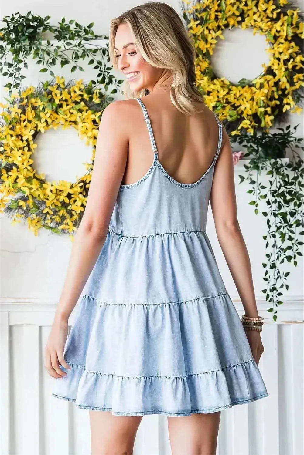 Spaghetti Strap Tiered Denim Dress - Bad Moms Club