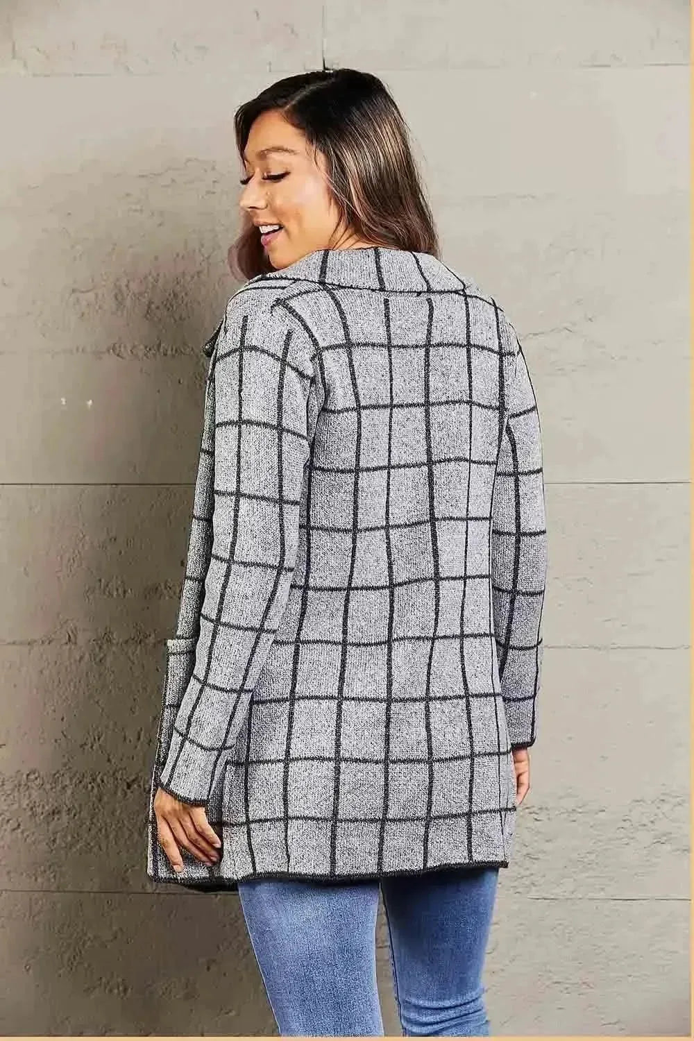Printed Open Front Lapel Collar Cardigan with Pockets - Bad Moms Club