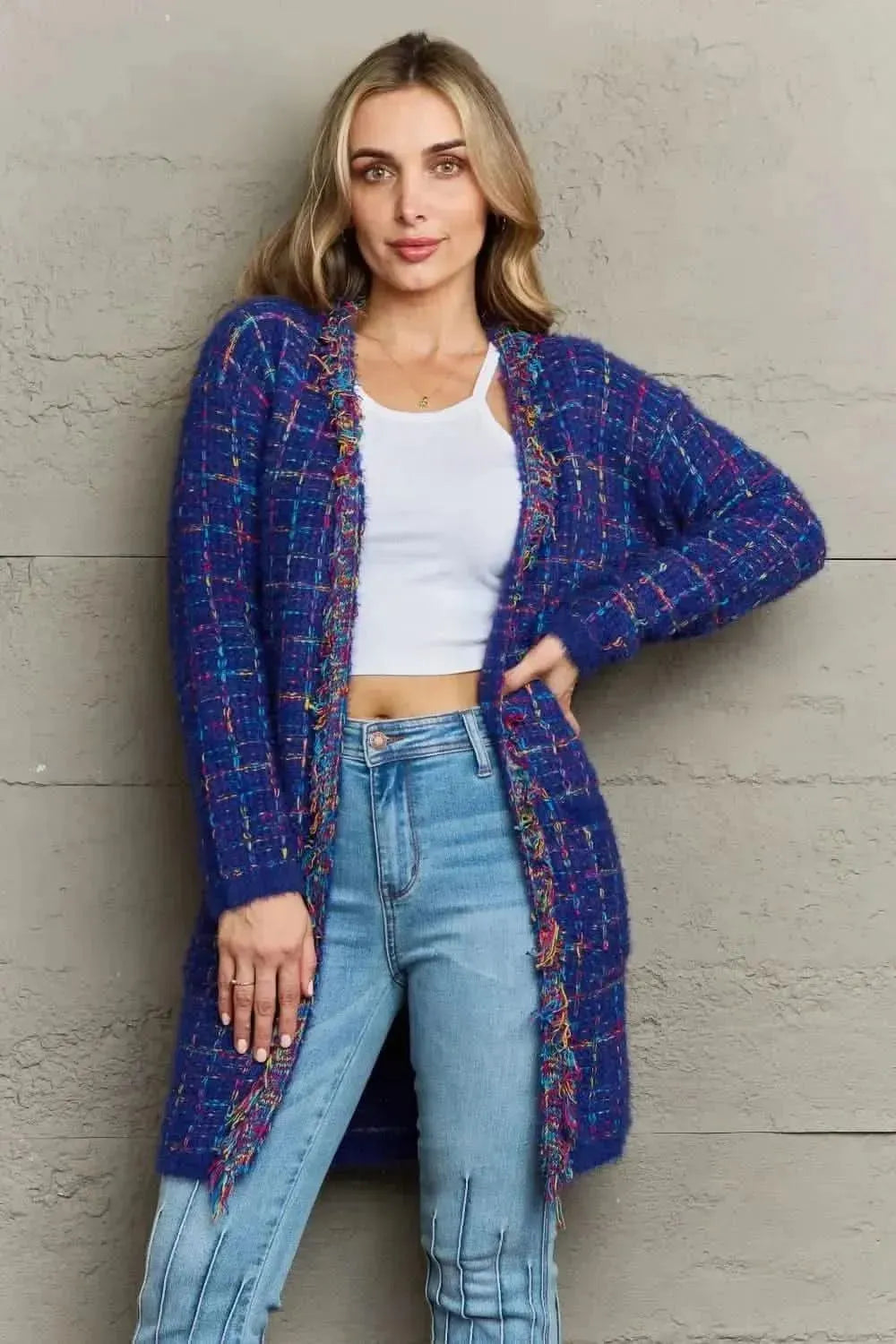 Plaid Fringe Trim Open Front Longline Cardigan - Bad Moms Club