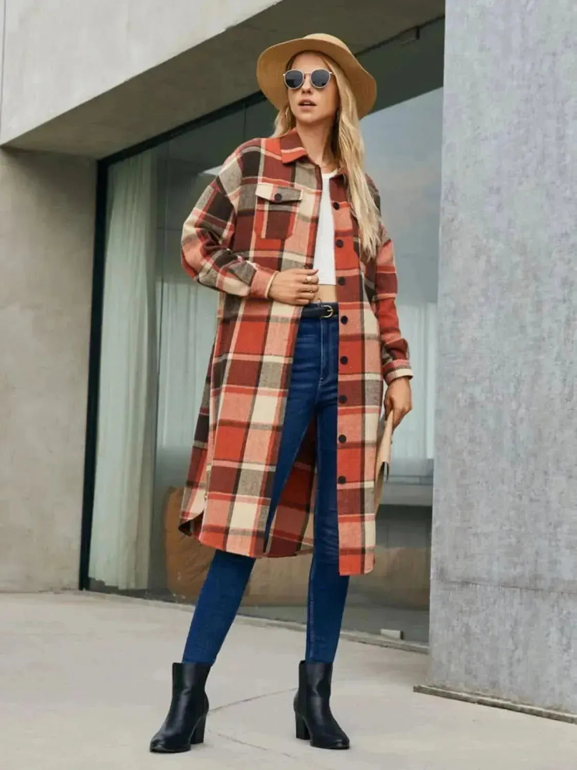 Plaid Pocketed Button Up Trench Coat - Bad Moms Club
