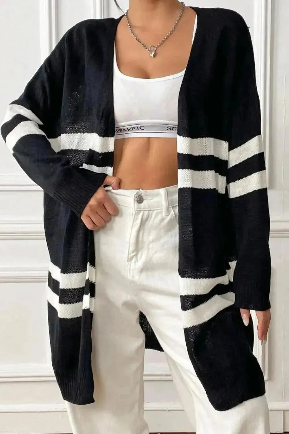 Striped Open Front Dropped Shoulder Cardigan - Bad Moms Club