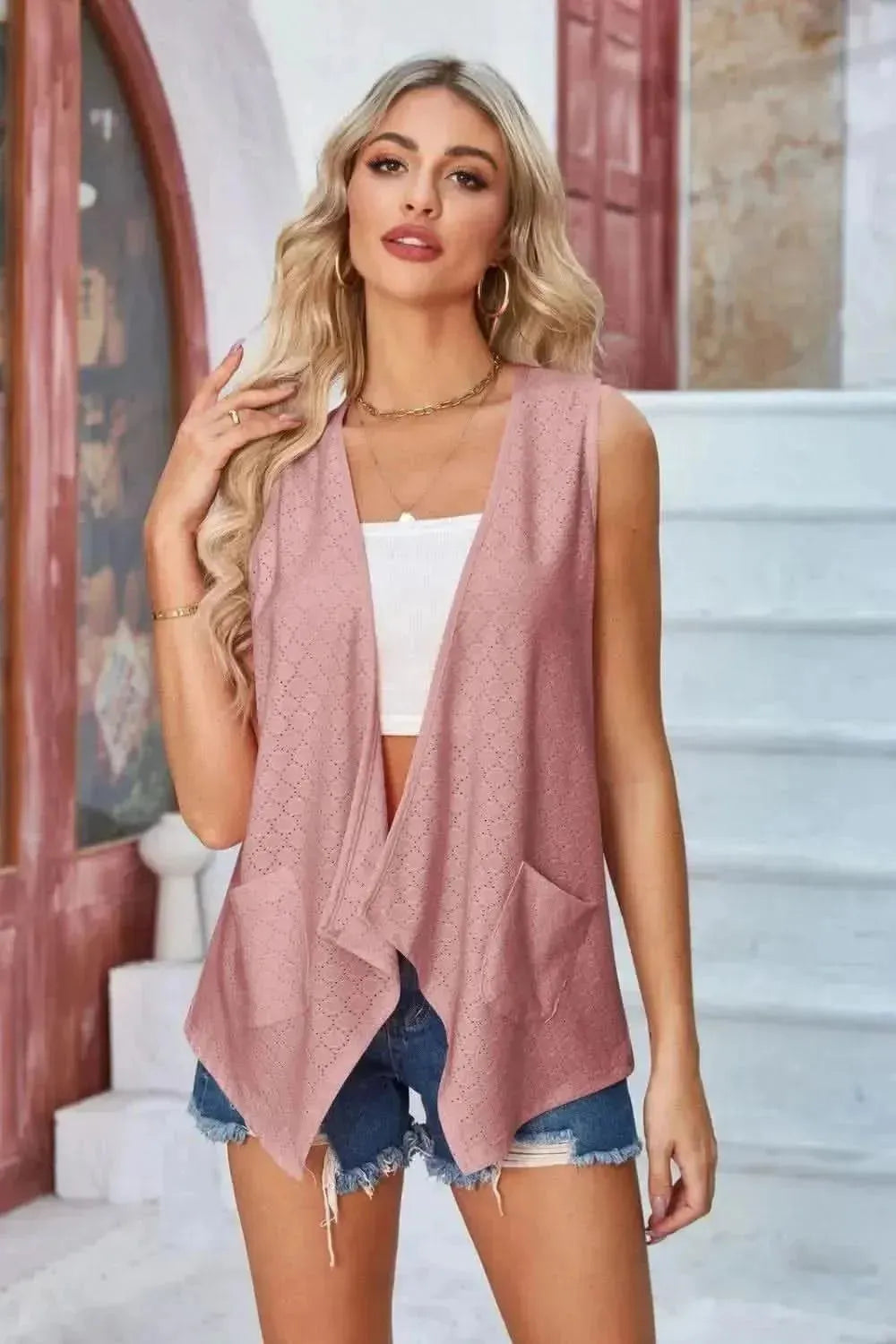 Eyelet Open Front Sleeveless Cardigan - Bad Moms Club