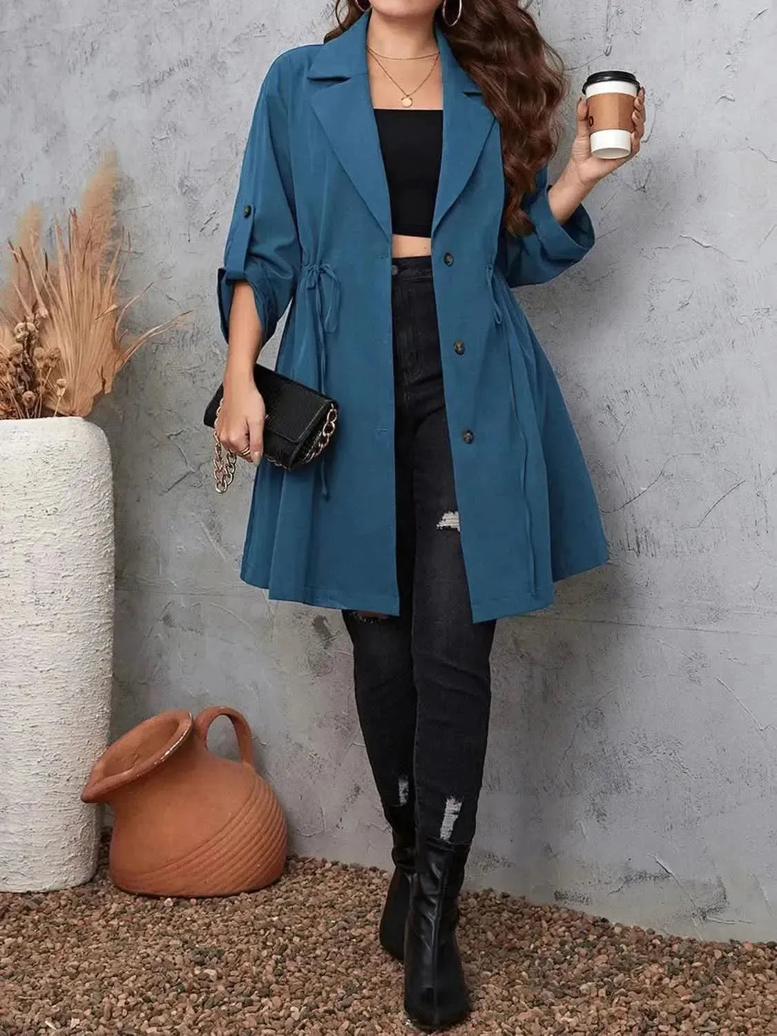 Plus Size Lapel Collar Drawstring Roll-Tab Sleeve Trench Coat - Bad Moms Club