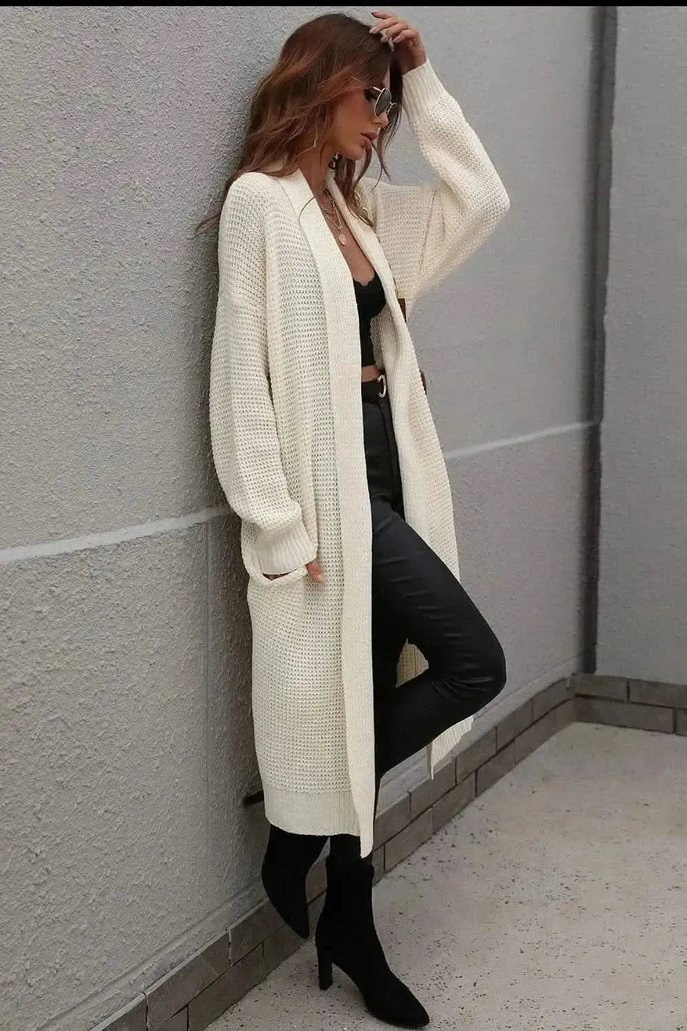 Waffle Knit Open Front Duster Cardigan With Pockets - Bad Moms Club