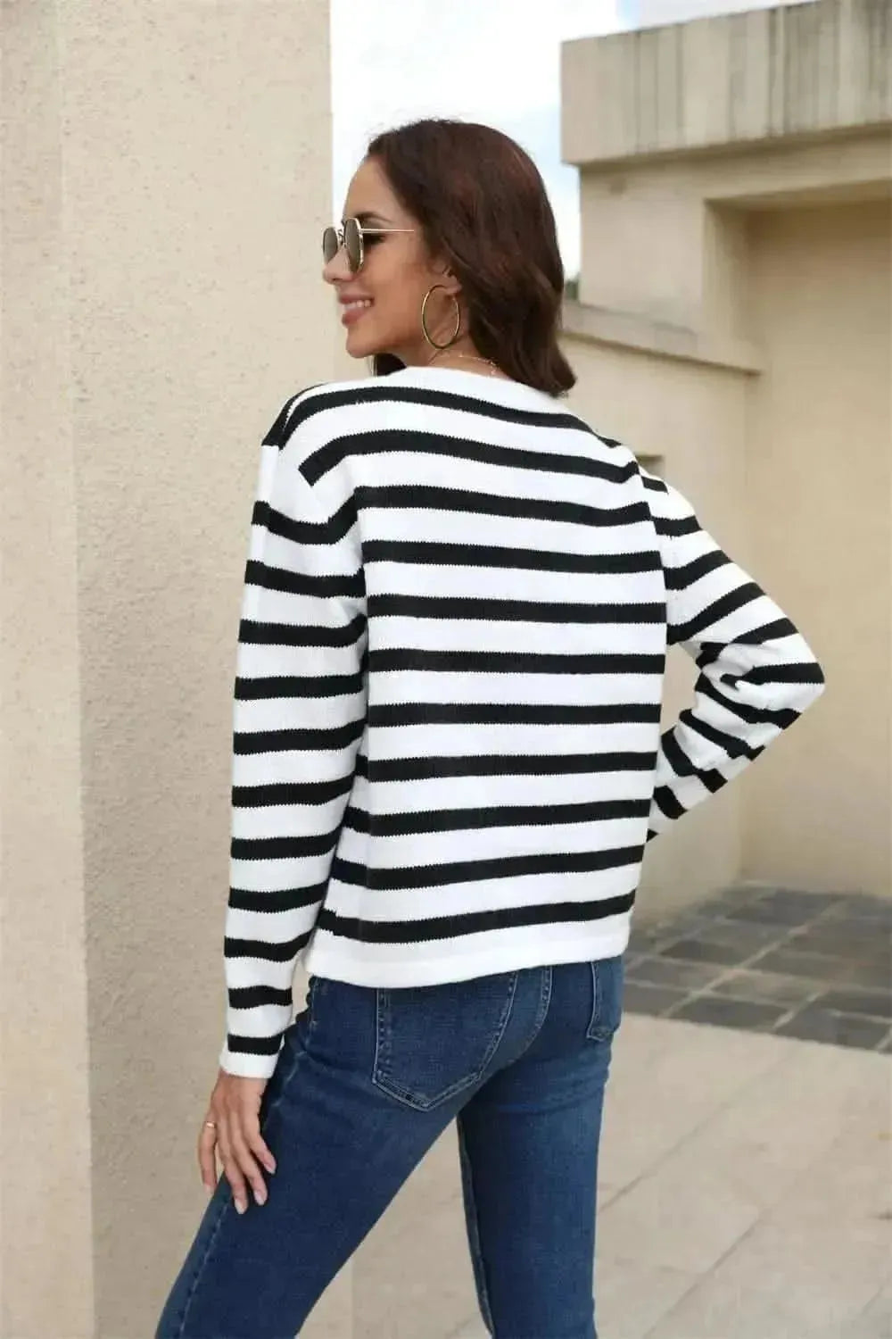 Striped Round Neck Button-Down Dropped Shoulder Cardigan - Bad Moms Club