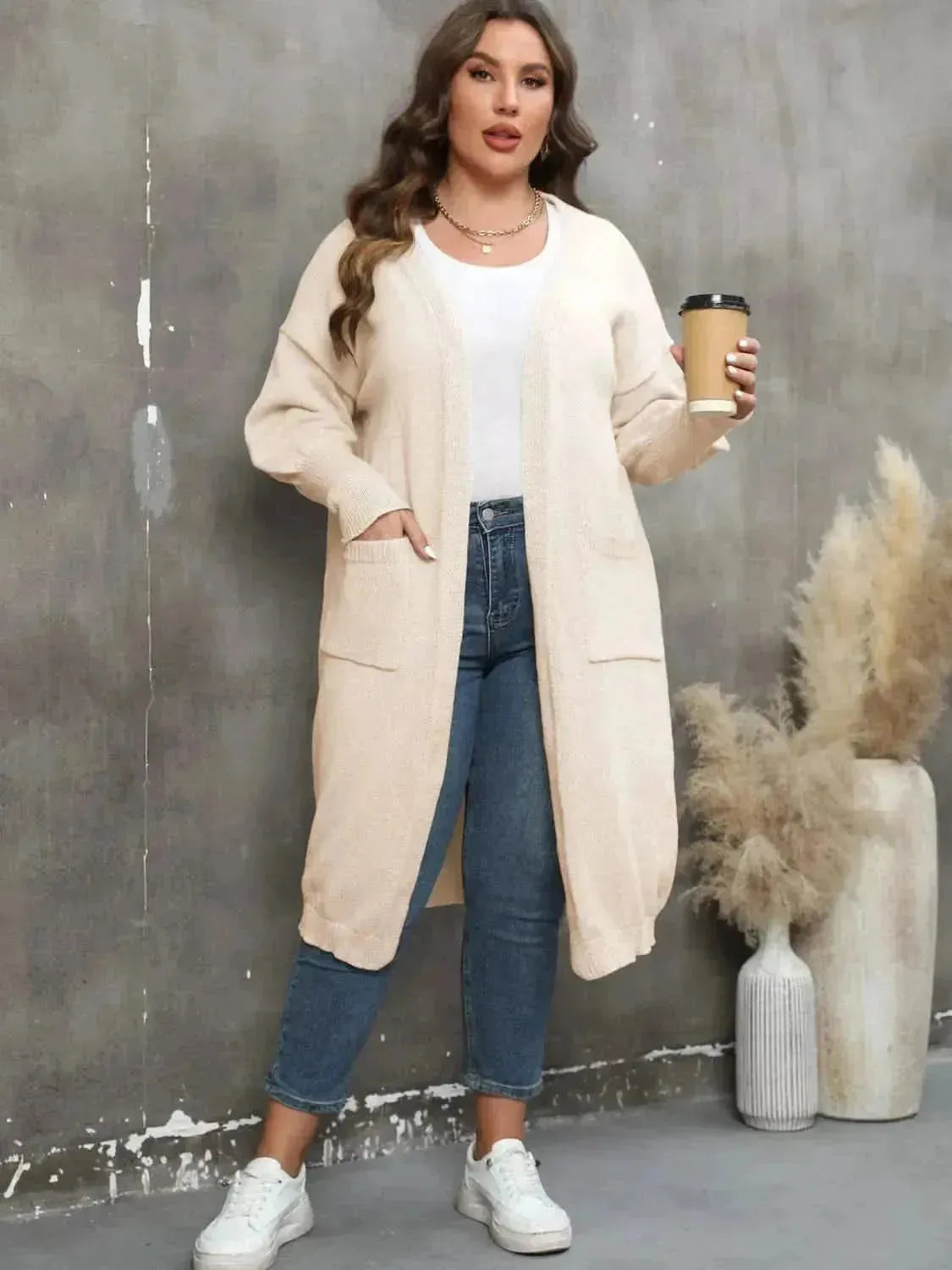 Plus Size Long Sleeve Pocketed Cardigan - Bad Moms Club