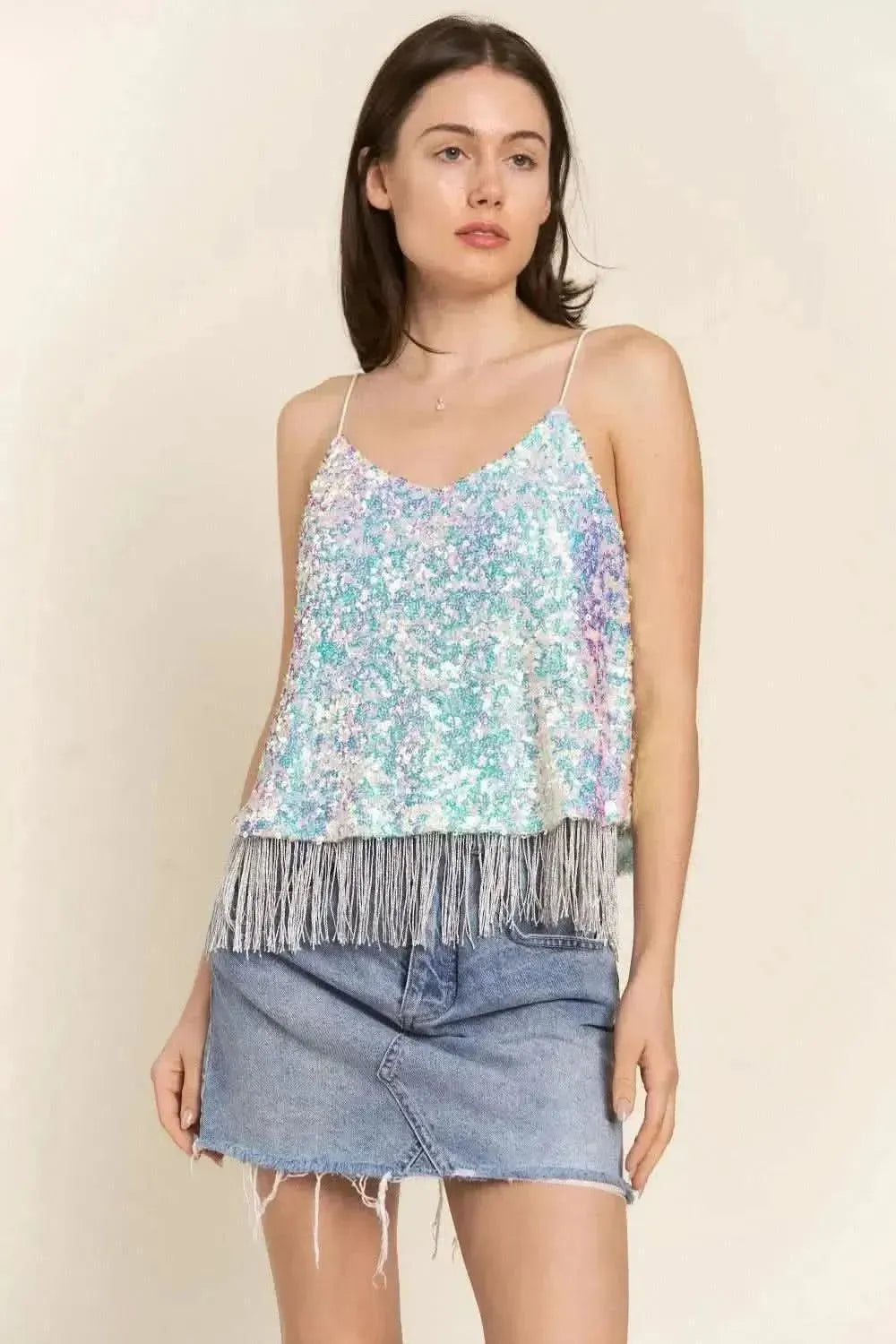 J.NNA Sequin Tassel Hem Flowy Cami - Bad Moms Club