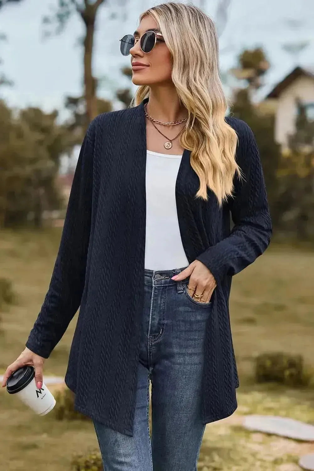Textured Open Front Long Sleeve Cardigan - Bad Moms Club