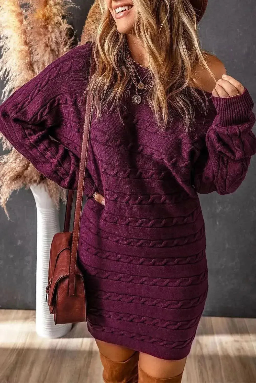 Cable-Knit Boat Neck Sweater Dress - Bad Moms Club