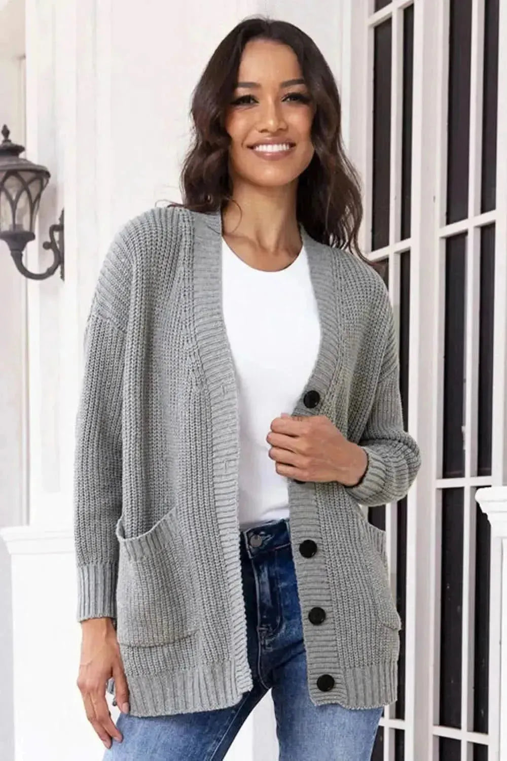 Button Up Long Sleeve Cardigan with Pockets - Bad Moms Club