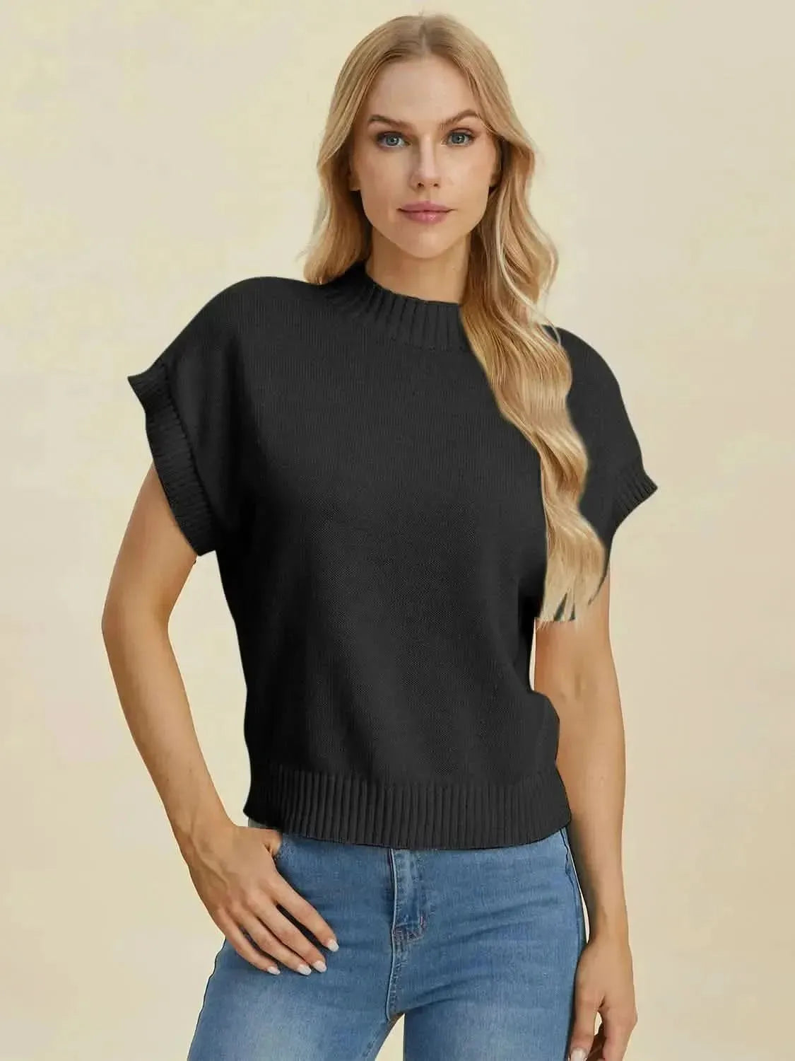 Double Take Full Size Mock Neck Short Sleeve Sweater - Bad Moms Club