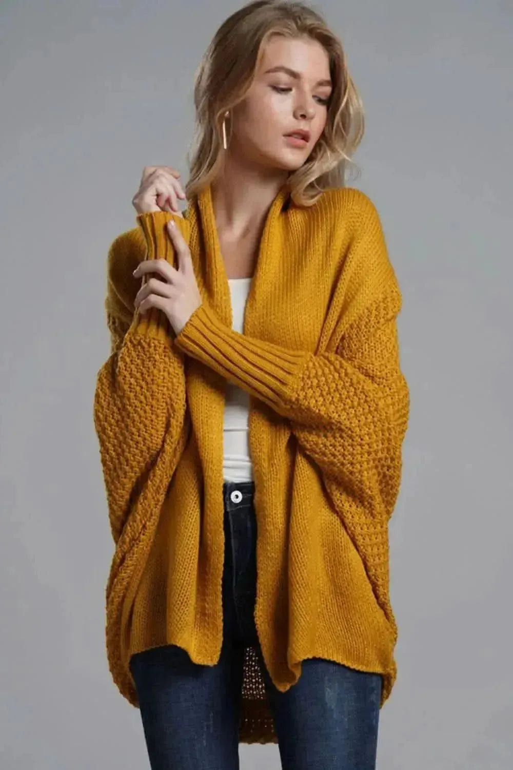 Dolman Sleeve Open Front Ribbed Trim Longline Cardigan - Bad Moms Club